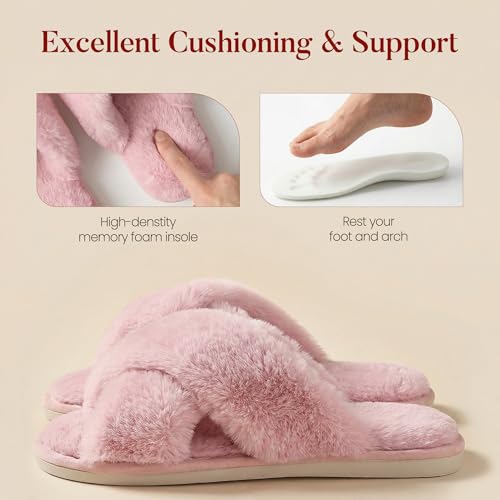 Detalle de Ankis Women's Pink Fuzzy Fluffy Slippers Size 9/10 UK Memory Foam, Cross Band Open Toe