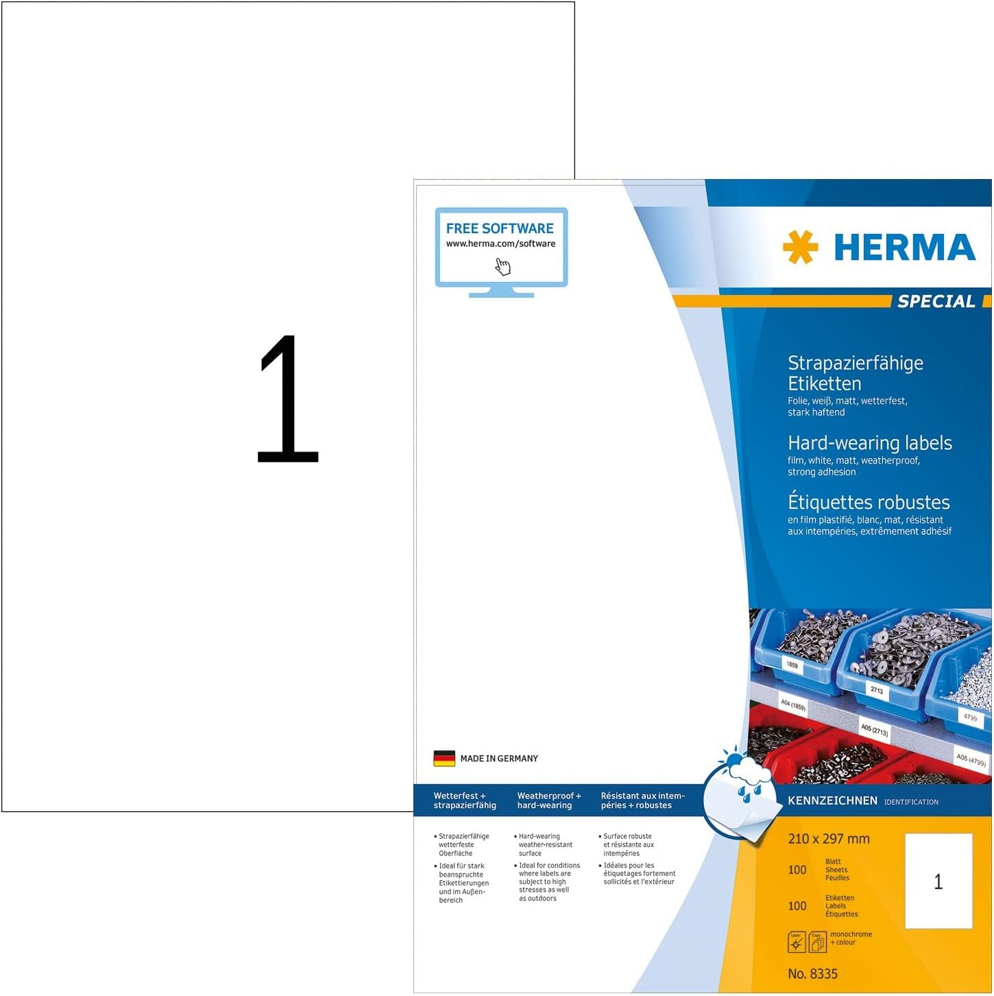 Detalle de HERMA 4584 väderbeständiga folieetiketter i matt polyester, A4, vita