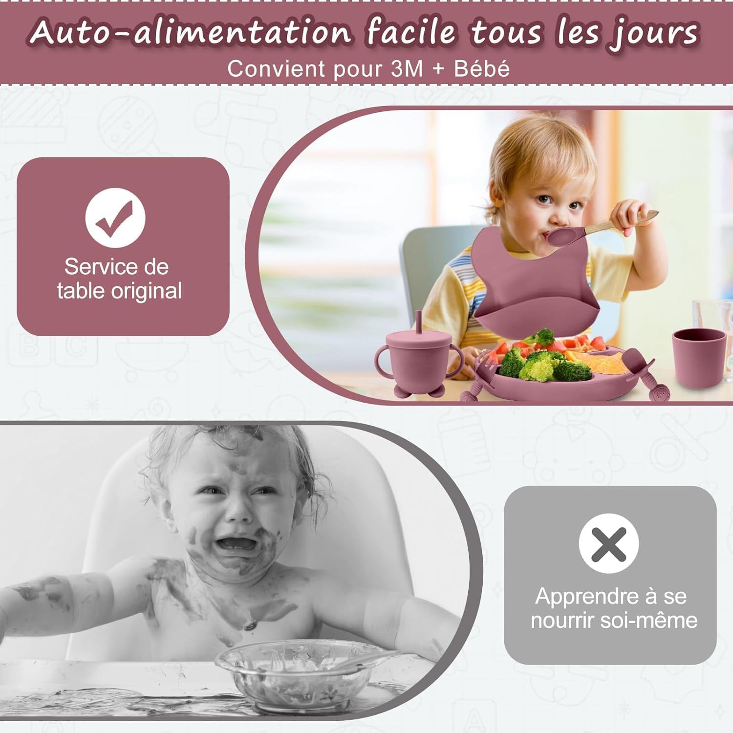 Thumbnail 5 de CUBTEM Set Pappa Svezzamento 12 pezzi: ciotola e piatti con ventosa, bavaglini in silicone e posate