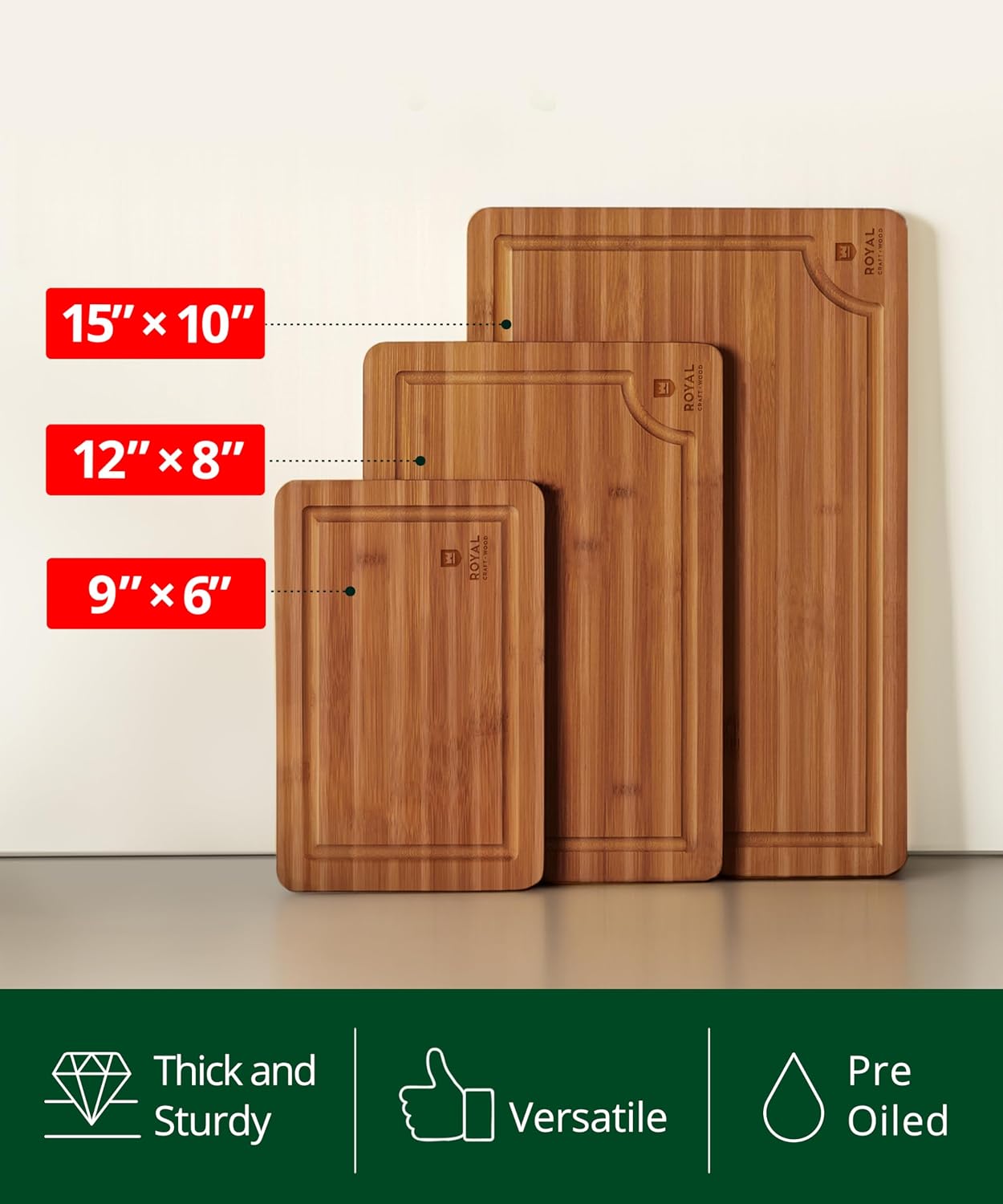 Detalle de ROYAL CRAFT WOOD Bamboo Cutting Board Set 3 🍽