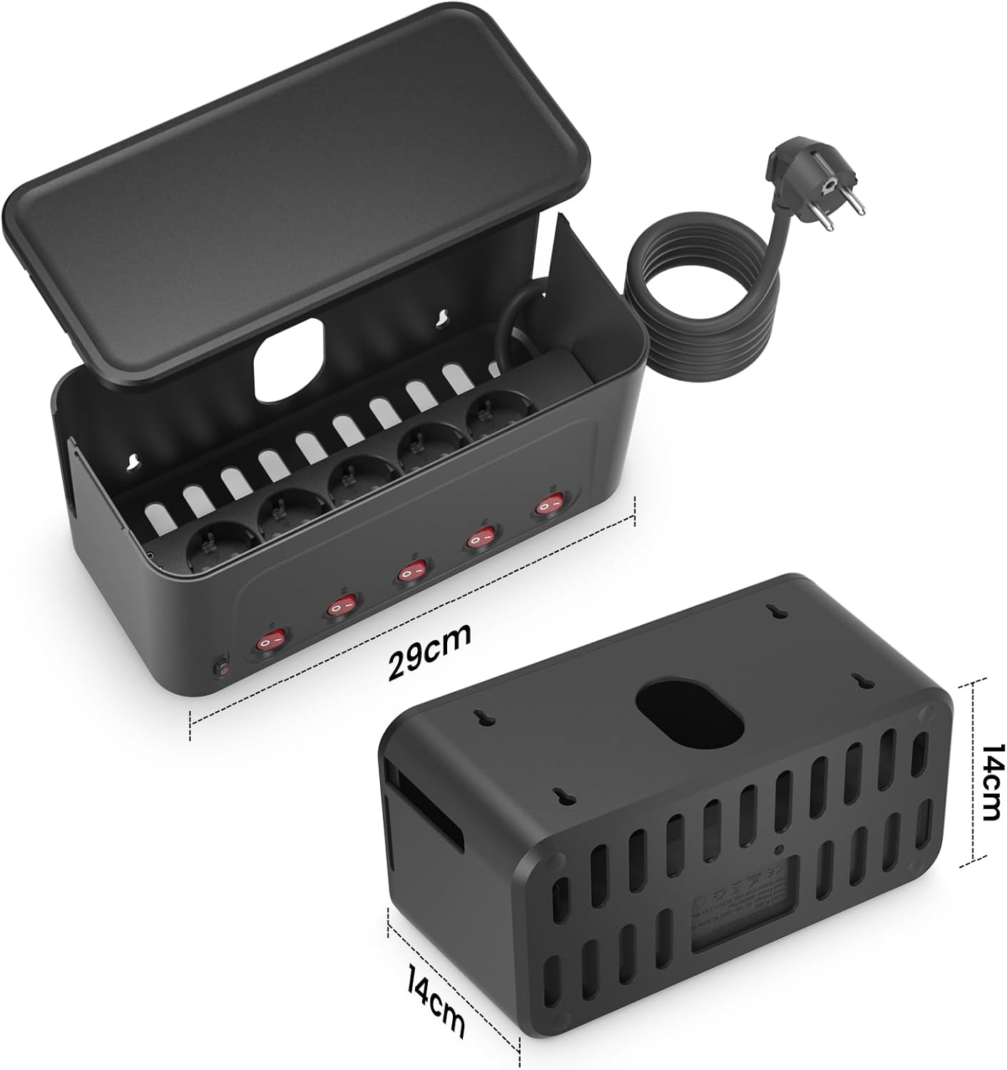 Thumbnail 6 de Kabelbox mit Steckdosenleiste (Überspannungsschutz) und 5 einzeln schaltbaren Steckdosen + 4 USB, schwarz – mit Kabelmanagement