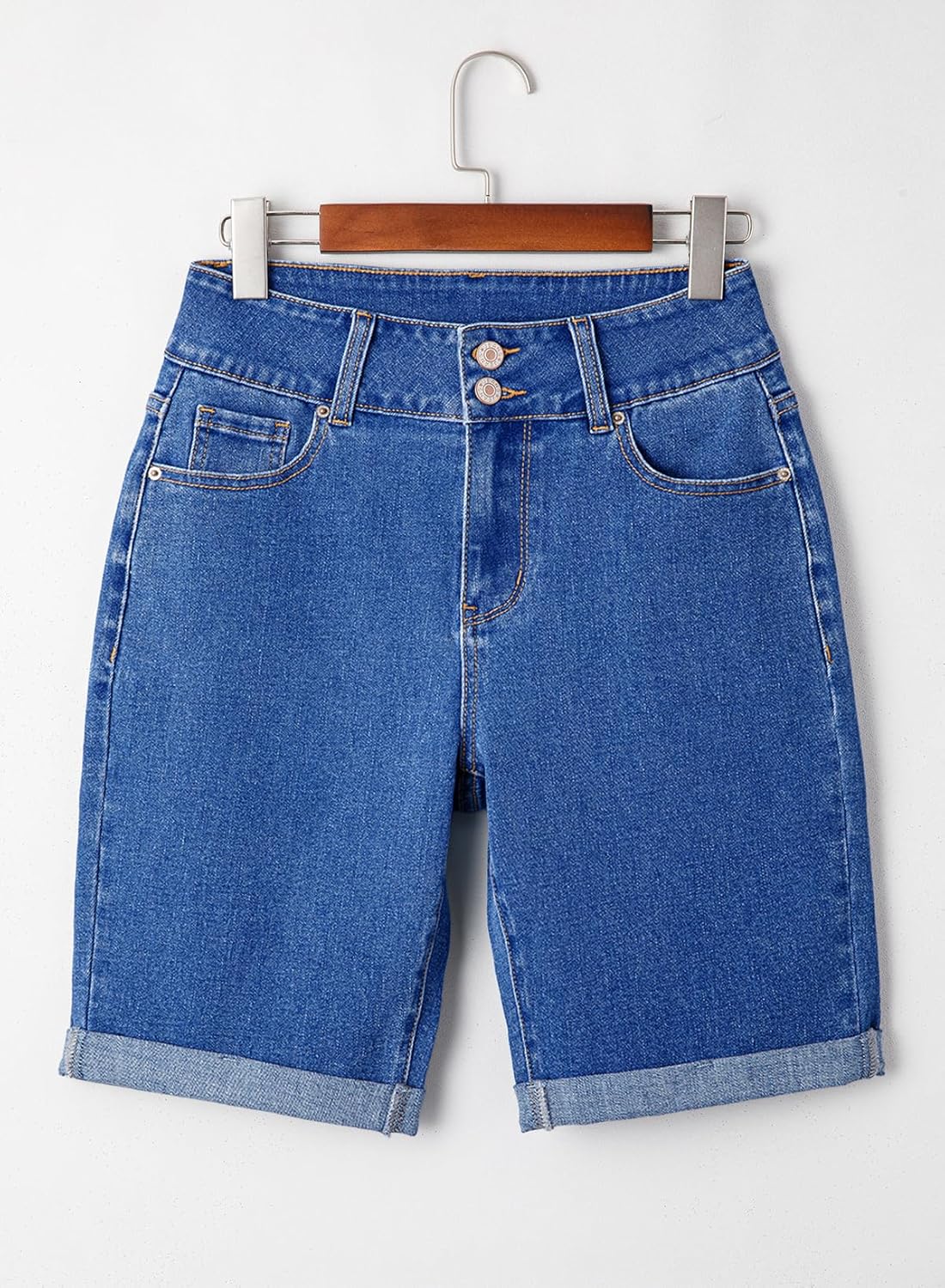 Detalle de Sidefeel Women's High Waisted Stretch Denim Bermuda Shorts with Rolled Hem