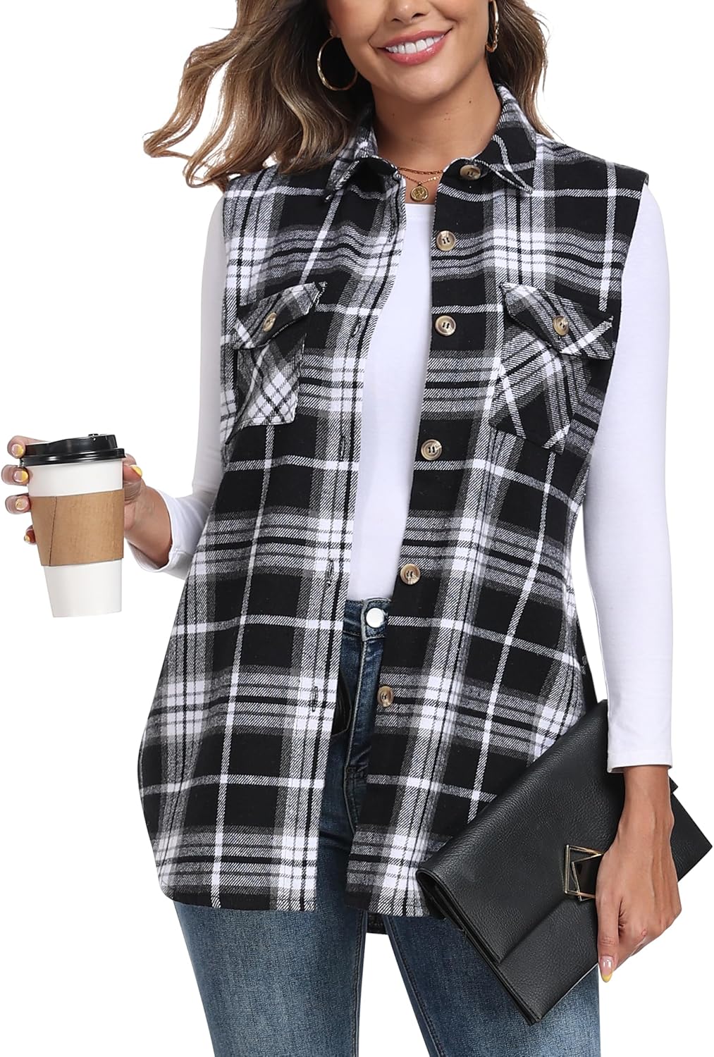Detalle de MoFiz Women's Plaid Vest, Cotton Blend