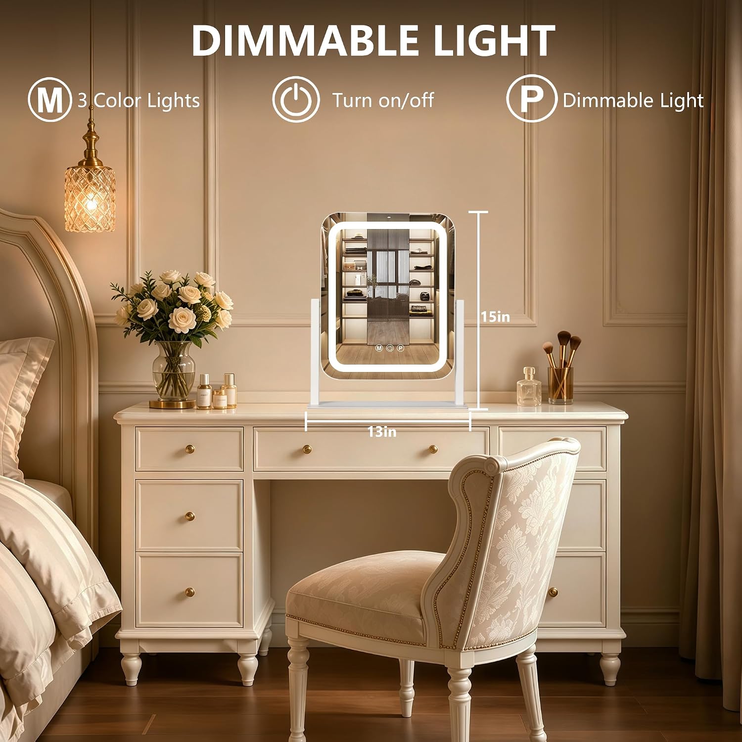 Detalle de Ratsamee 13-inch x 15-inch Lighted Vanity Mirror, Dimmable, 3 Light Colours