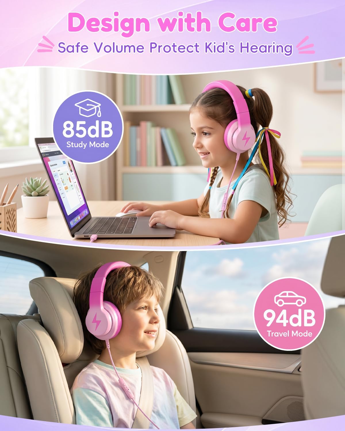 Detalle de Candy Bila USB-C Kids Headphones for School (85dB, Gradient Rose Pink)