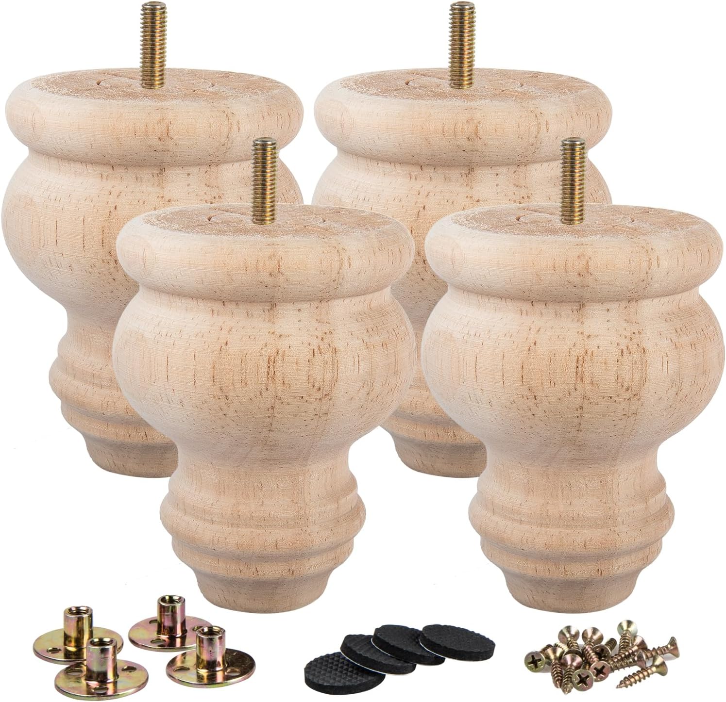 Thumbnail 6 de La Vane 5 Inch Unfinished Solid Wood Furniture Legs (12cm) – 4pcs Spindle Spool Feet with Pre-Drilled M8 Bolt & Mounting Plate