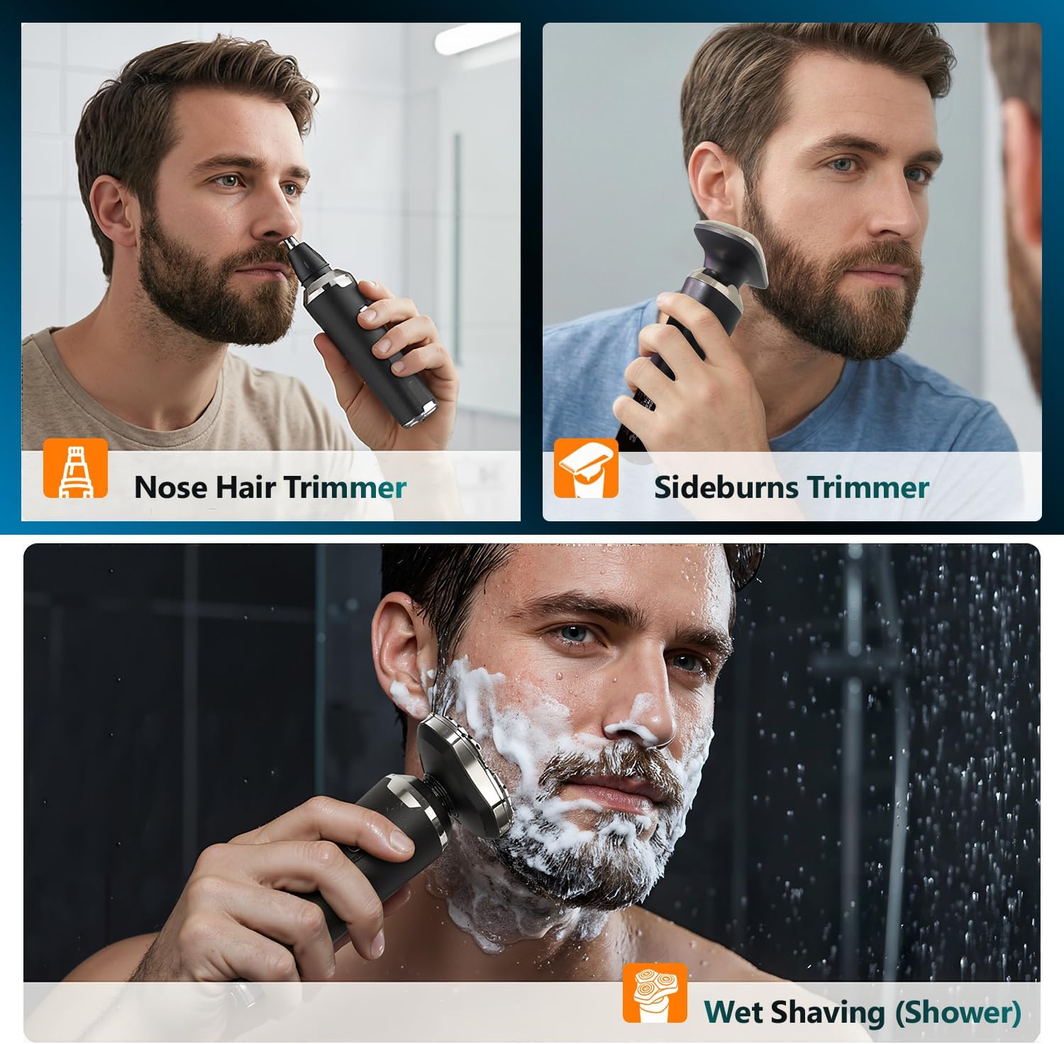 Thumbnail 4 de 3-in-1 Rotary Electric Shaver for Men (Rechargeable, Wet & Dry) with Nose & Sideburn Trimmers