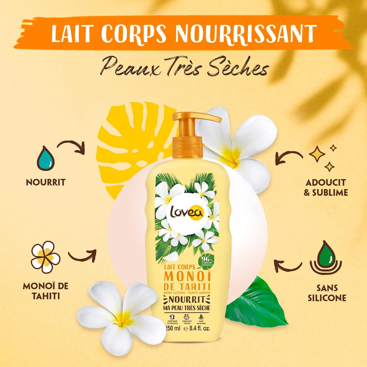 Thumbnail 1 de Lovea Lait Corps Monoï de Tahiti – Nourrit & Adoucit (peaux très sèches), 96% d’origine naturelle, sans silicone, vegan, fabriqué en France