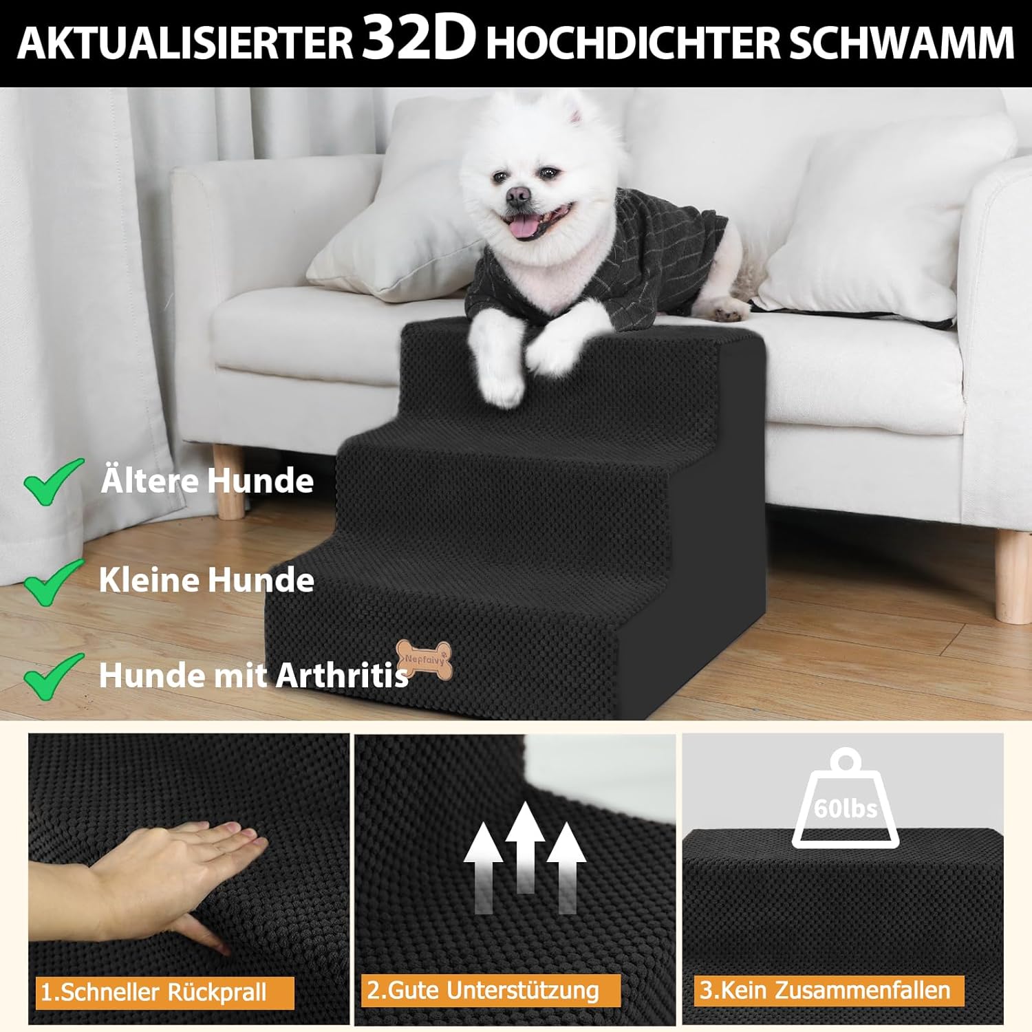 Thumbnail 1 de Nepfaivy Hundetreppe 3-stufig für kleine Hunde (45x40x34 cm) mit abnehmbarem, waschbarem Bezug und rutschfester Basis