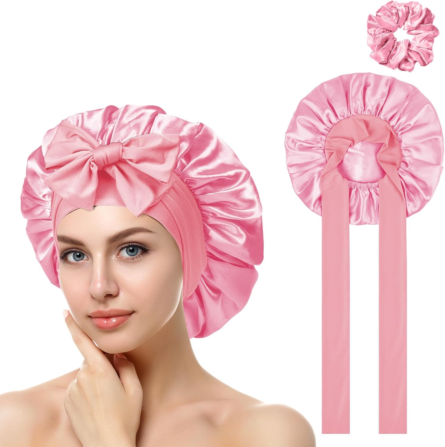 ACWOO Bonnet de nuit en satin ajustable pour protéger les cheveux (double couche)