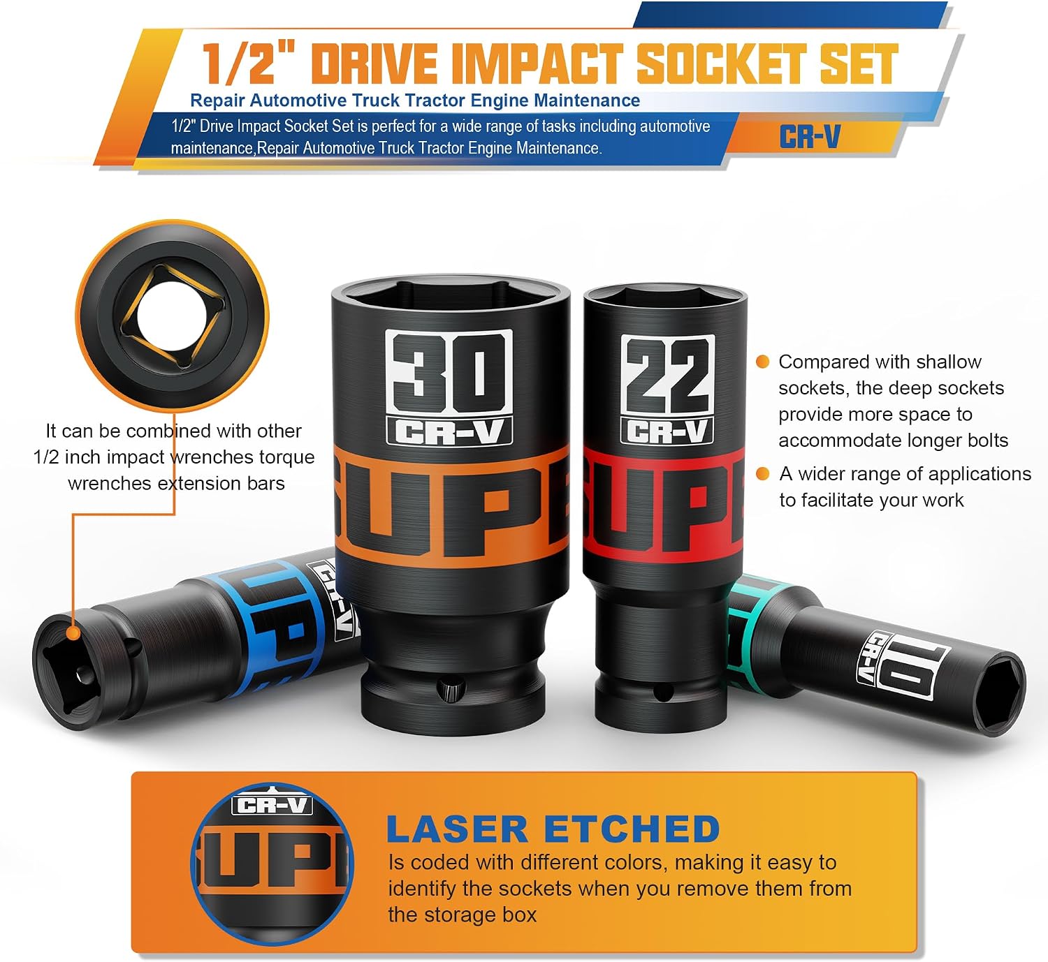 Detalle de Set di bussole a bussola esagonale profonde da 1/2" (CR-V) Aurlloct, 16 pezzi 10–32 mm