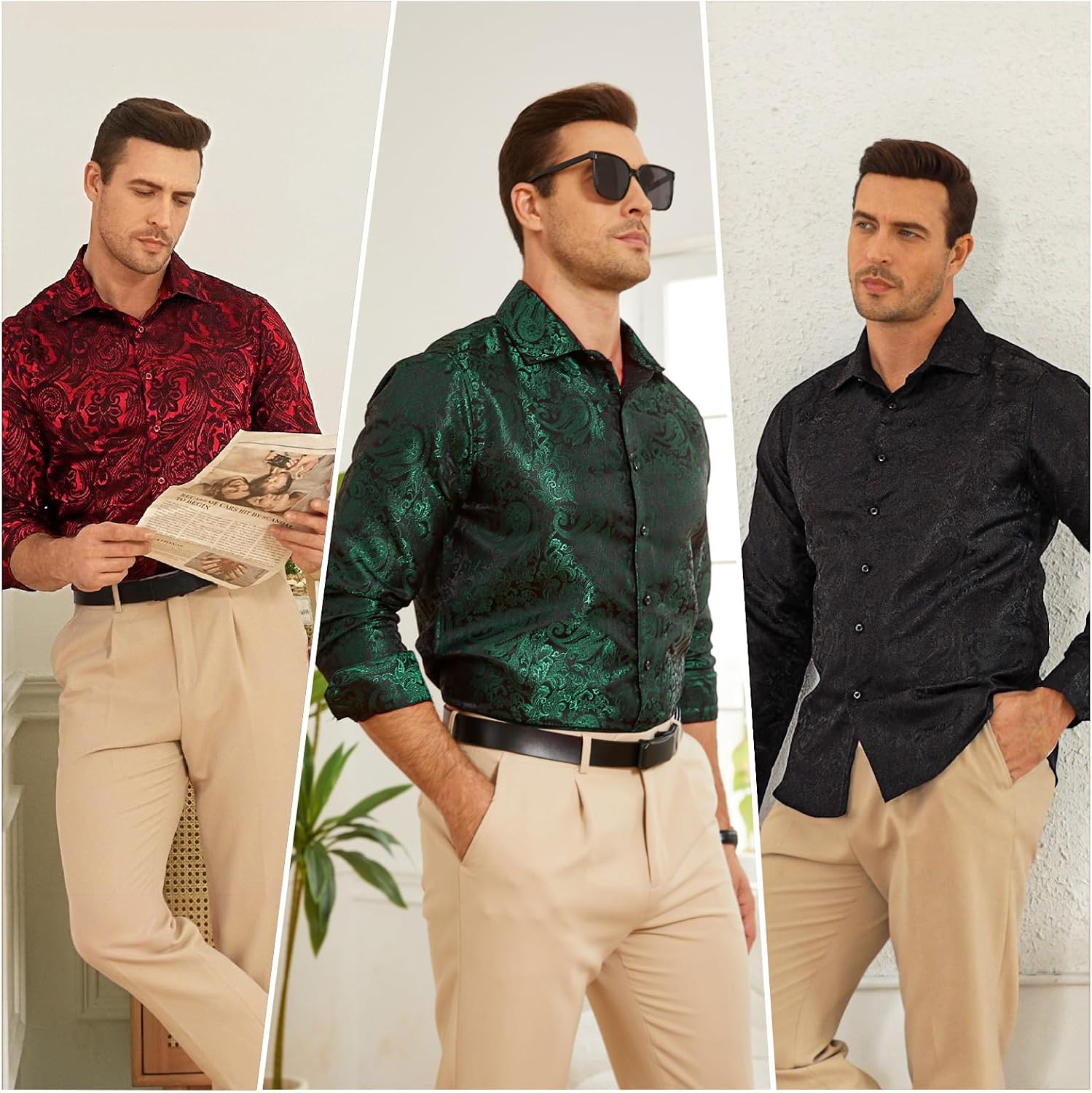 Detalle 1 de DiBanGu button-down-shirts Men's Paisley Dress Shirt, Long Sleeve Jacquard