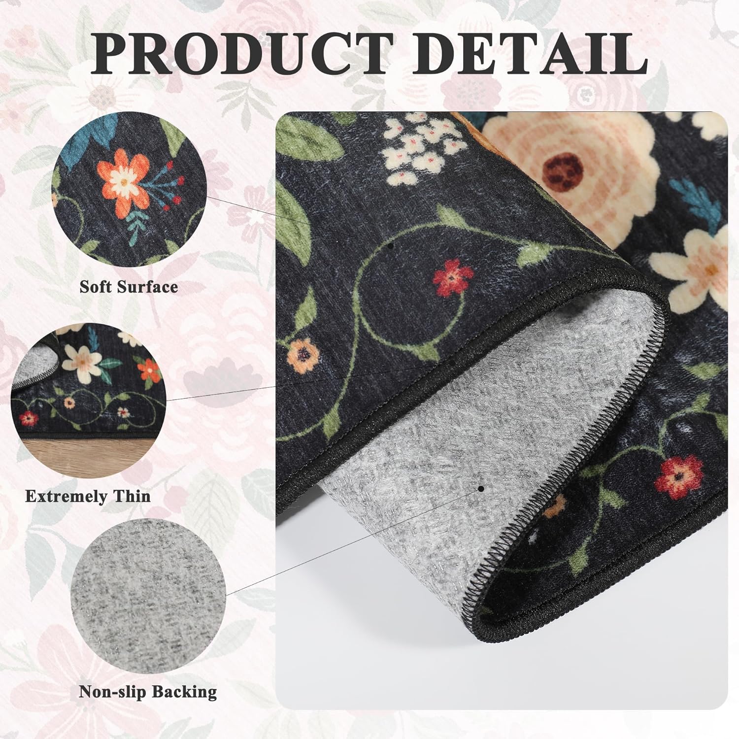 Thumbnail 3 de DUKINO Runner Rug (2x10) with Non Slip TPR Backing, Washable Low Pile Boho Floral for Kitchen & Entryway
