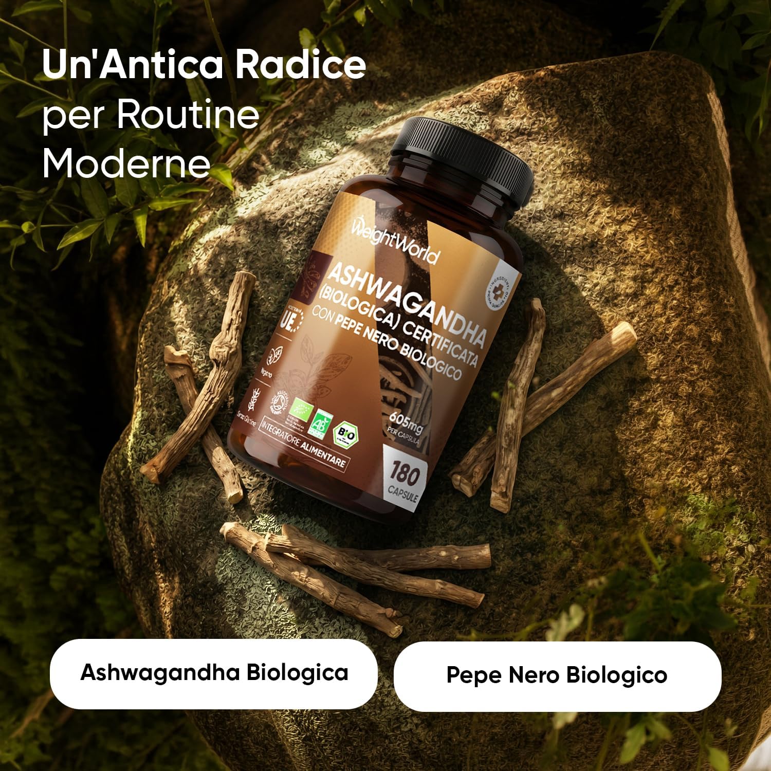 Detalle 2 de Ashwagandha Bio WeightWorld in 180 Capsule Vegane | 600 mg per capsula, certificata Soil Association