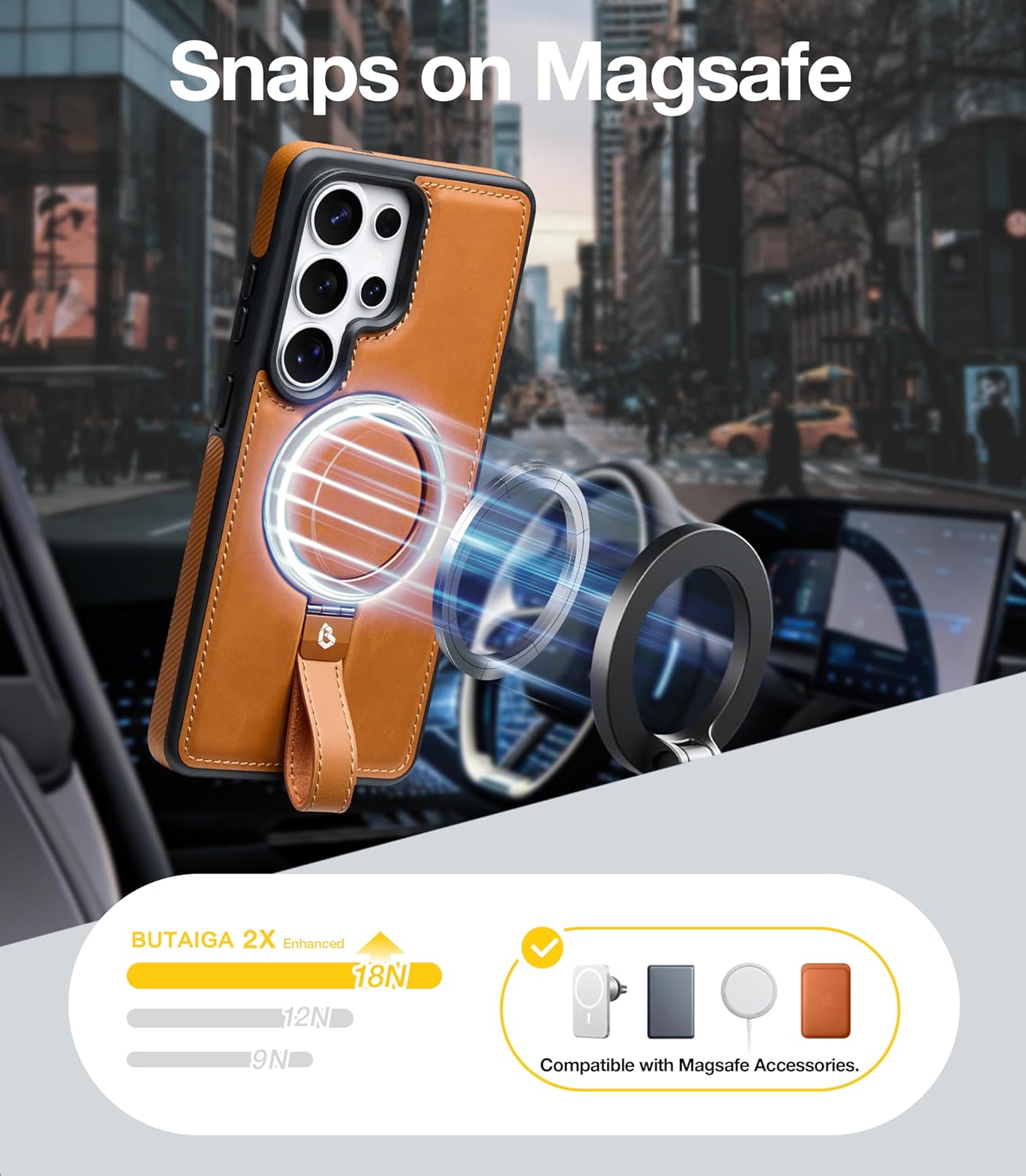 Thumbnail 4 de Butaiga Leather Case with Stand for Samsung Galaxy S26 Ultra (Brown) – Anti-Slip Grip Ring, MagSafe Compatible