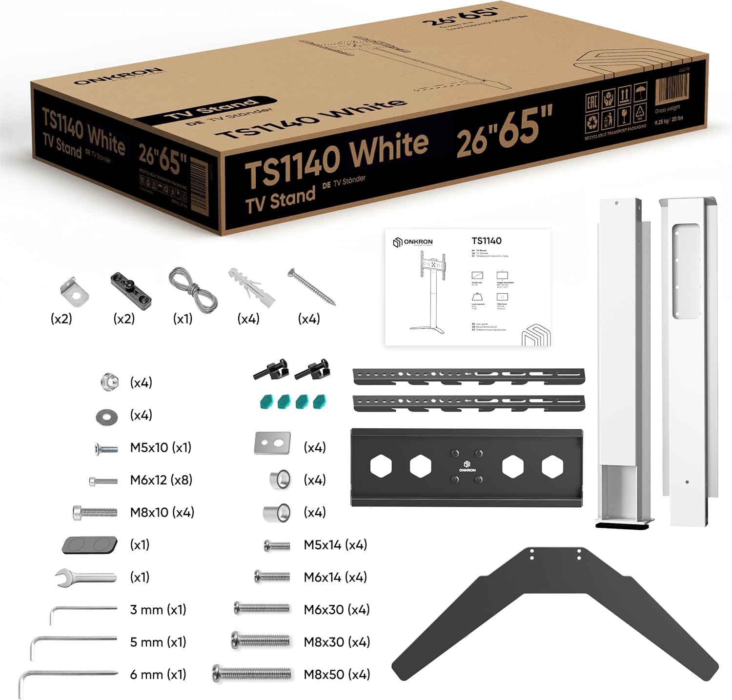 Thumbnail 6 de ONKRON TS1140-W : support TV universel sur pied 26 à 65 pouces, hauteur réglable et sans perçage