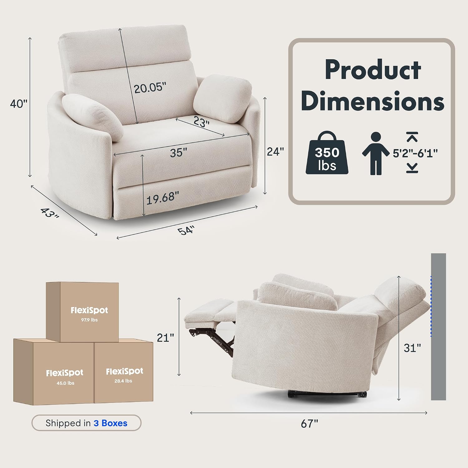 Thumbnail 1 de FLEXISPOT Oversized Power Recliner Chair (Mochi) – Extra Wide 54" Zero-Wall, USB & Type-C, Plush Chenille