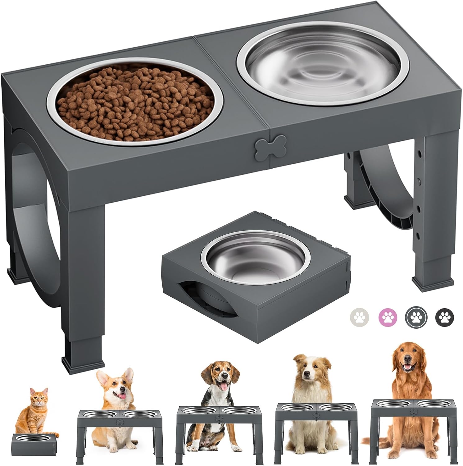 X XBEN Ciotole Rialzate per Cani: 5 altezze, 2 ciotole inox da 1,5 L, pieghevoli e antiscivolo