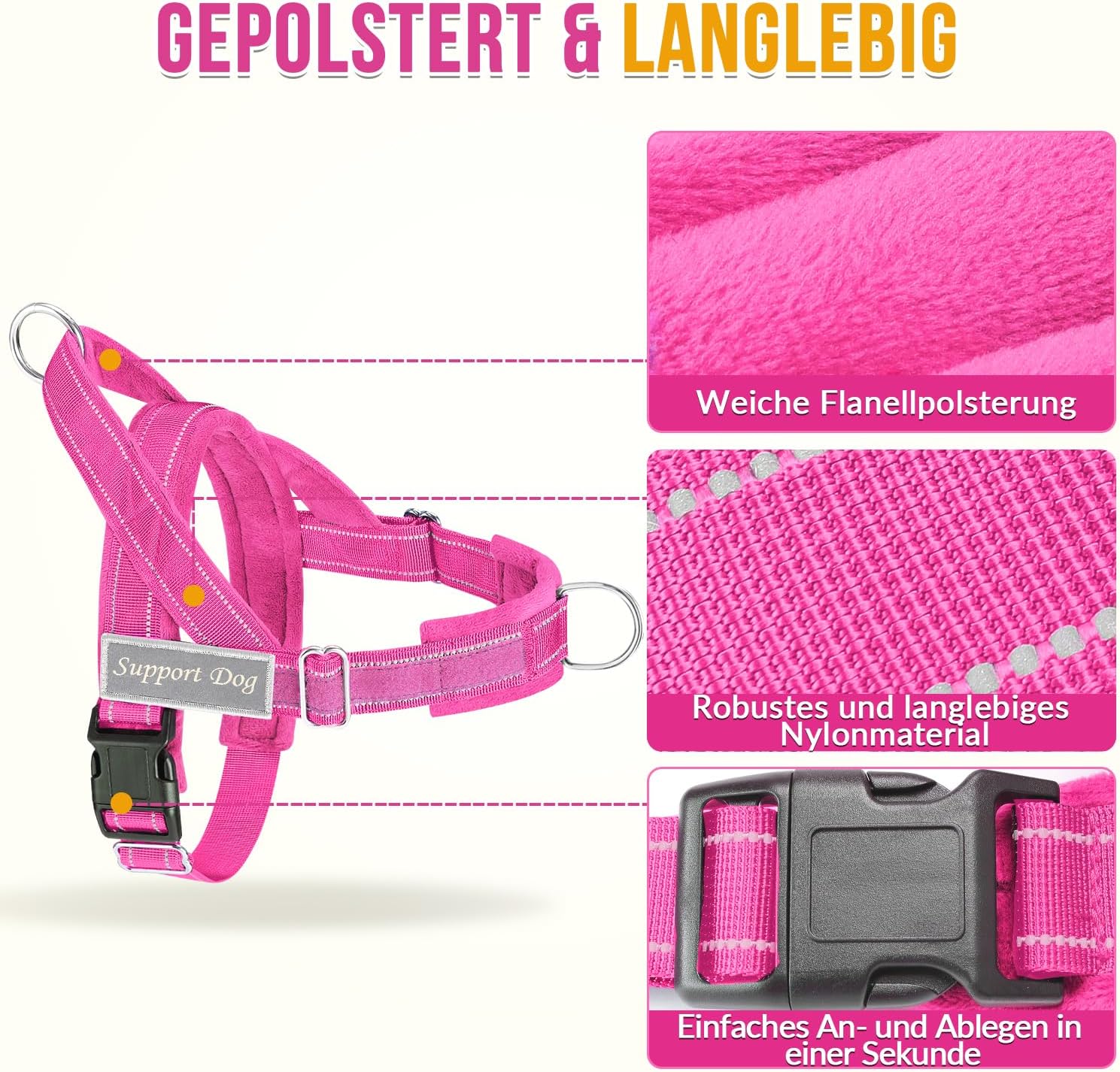 Detalle de Eyein Hundegeschirr mit Leine für große bis mittelgroße Hunde – Weiche Pufferung, Reflektierend, 2 Leinenclips, Magenta, Größe M