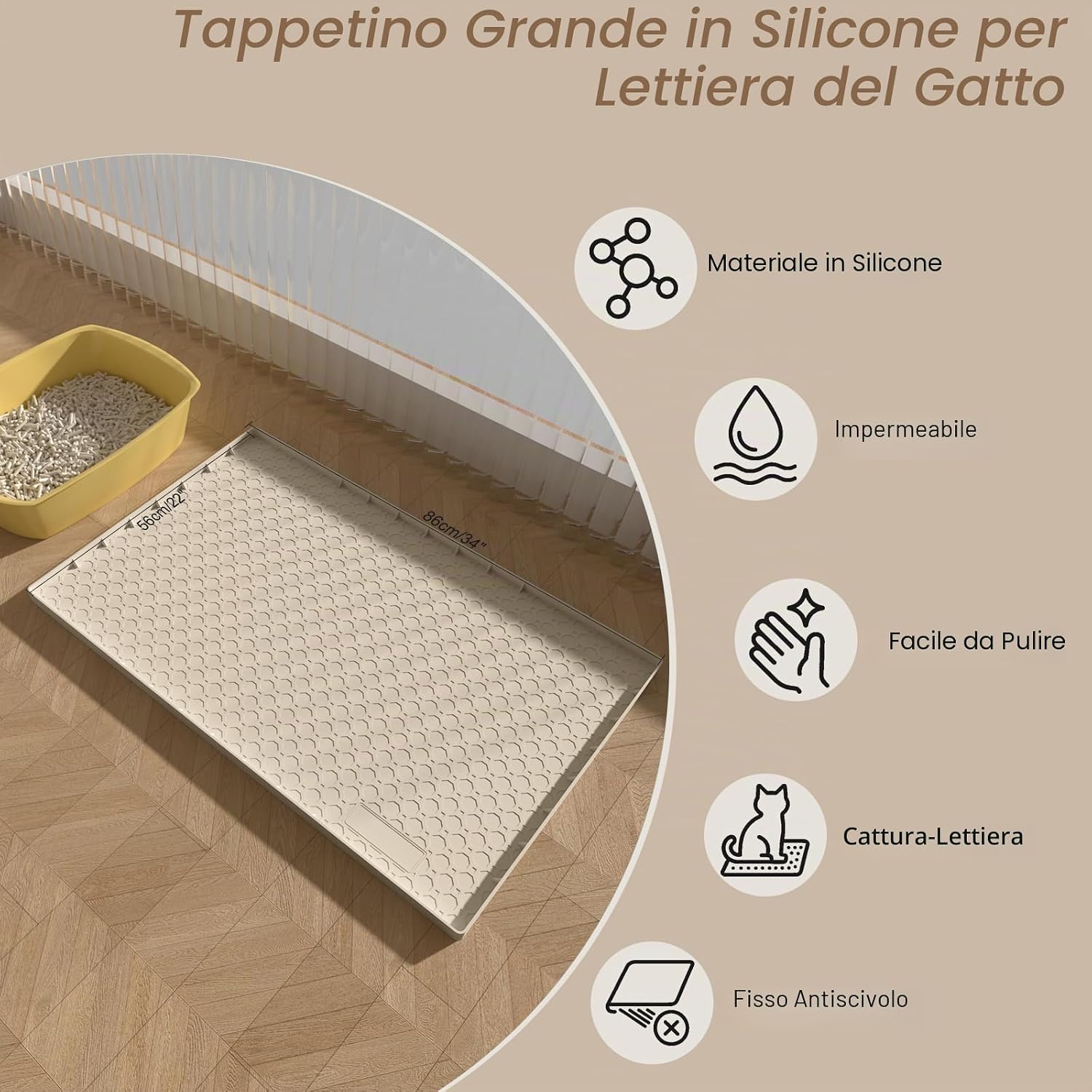 Detalle de Tappetino in silicone per lettiera per gatti grande 86x57 cm: antiscivolo, impermeabile e bordi rialzati