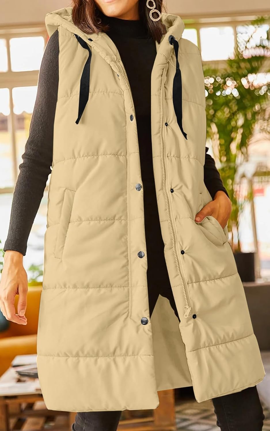 Thumbnail 4 de Grlasen Women's Long Quilted Puffer Vest with Hood, Pockets and Drawstring