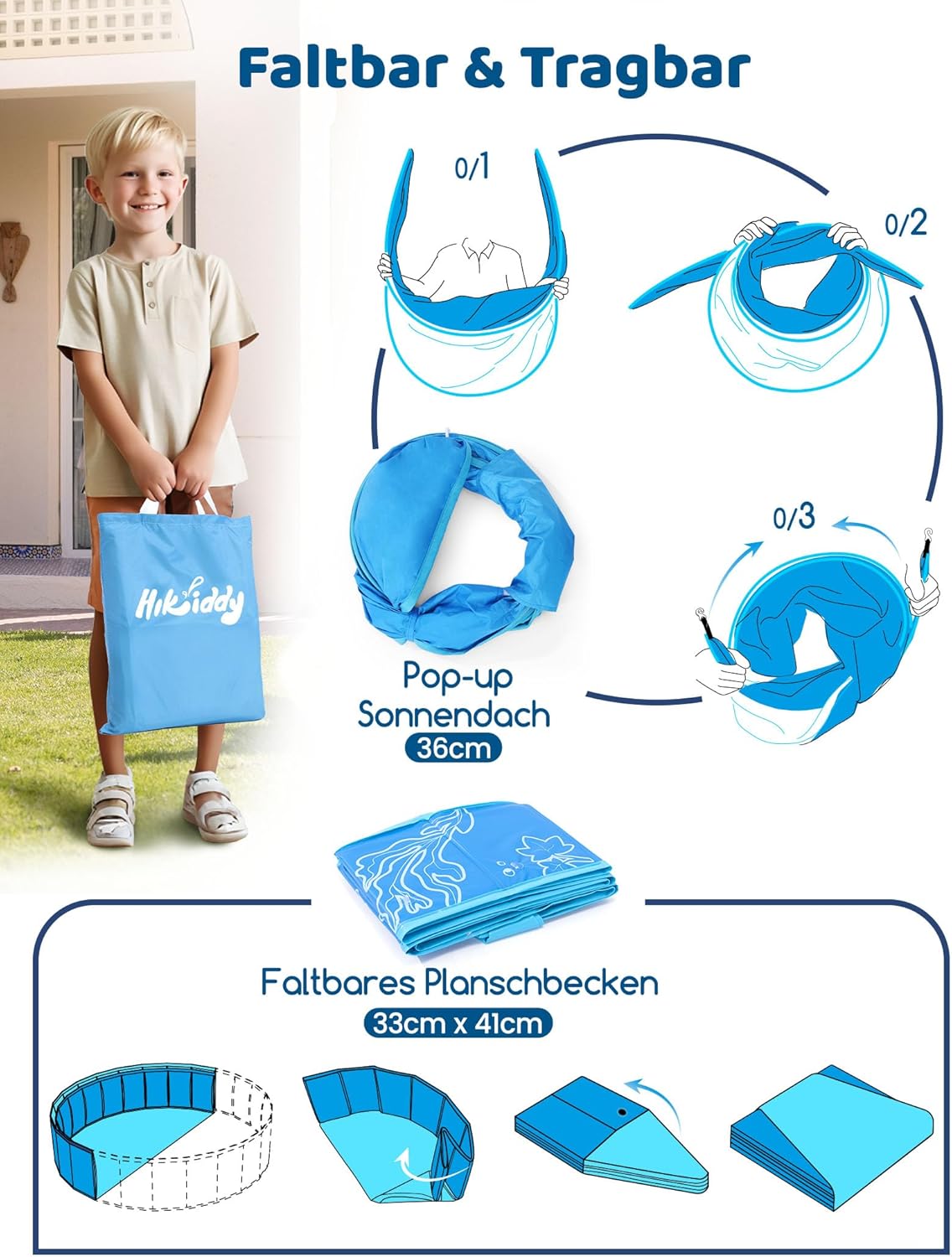 Thumbnail 3 de Hikiddy Planschbecken mit Sonnendach (Pop-Up Splash Pool) in Blau – 120 cm