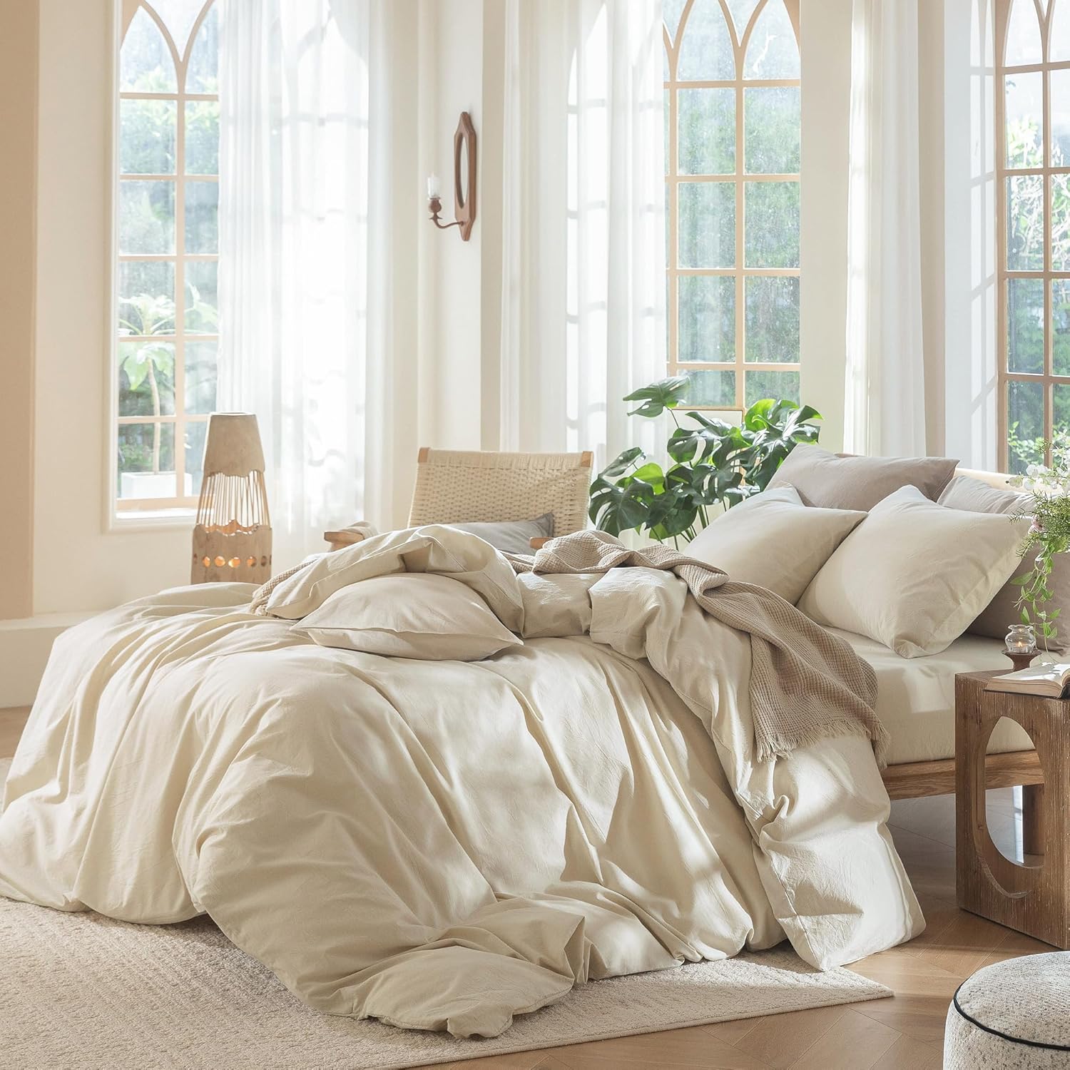 Detalle de MooMee 100% Washed Cotton Duvet Cover Set in Almond Milk Gray (King, 104 x 90)
