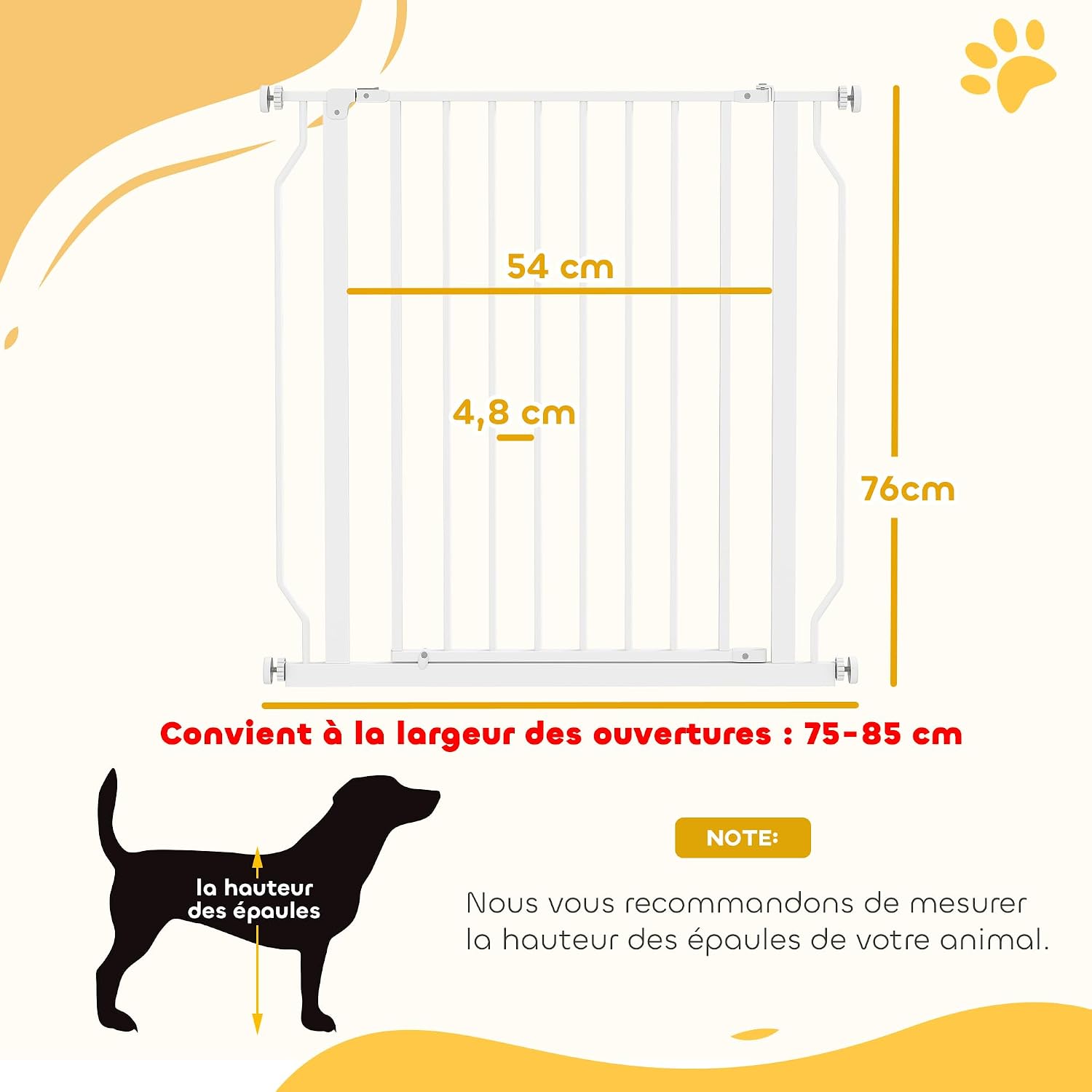 Detalle de PawHut Barrière de sécurité pour chien extensible 75–85 x 76 cm (montage à pression, acier et ABS) pour escaliers et couloirs