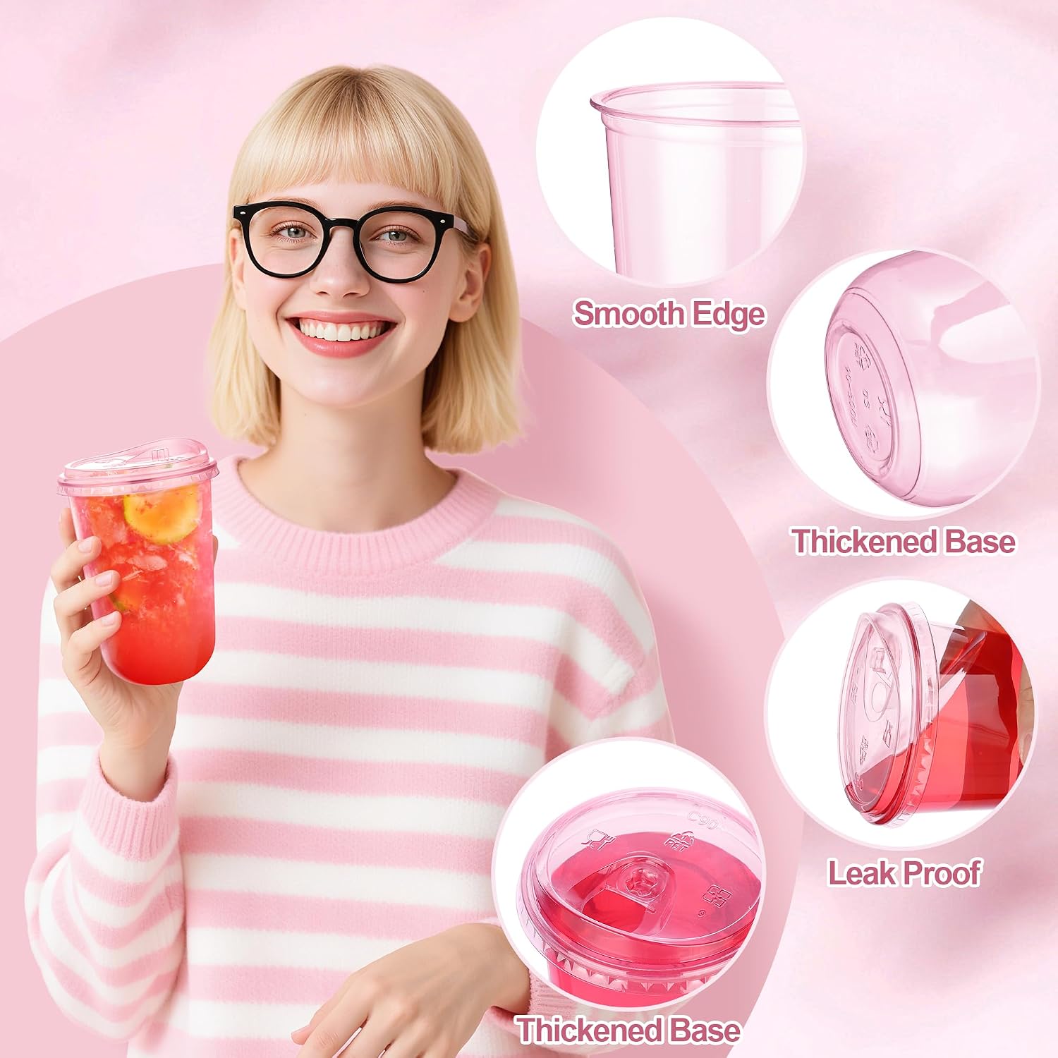 Detalle de KesaPlan 50 Pack 16 oz Pink Plastic Party Cups with Sip Lids