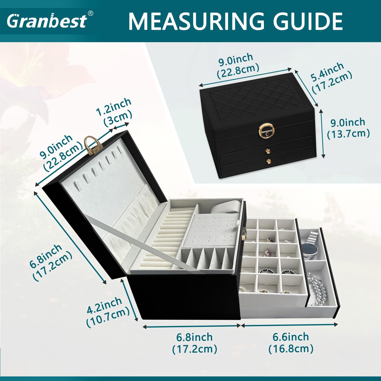 Thumbnail 4 de Granbest 3 Layers Jewellery Box with 2 Drawers (Black) – Elegant Leather Jewellery Storage Case