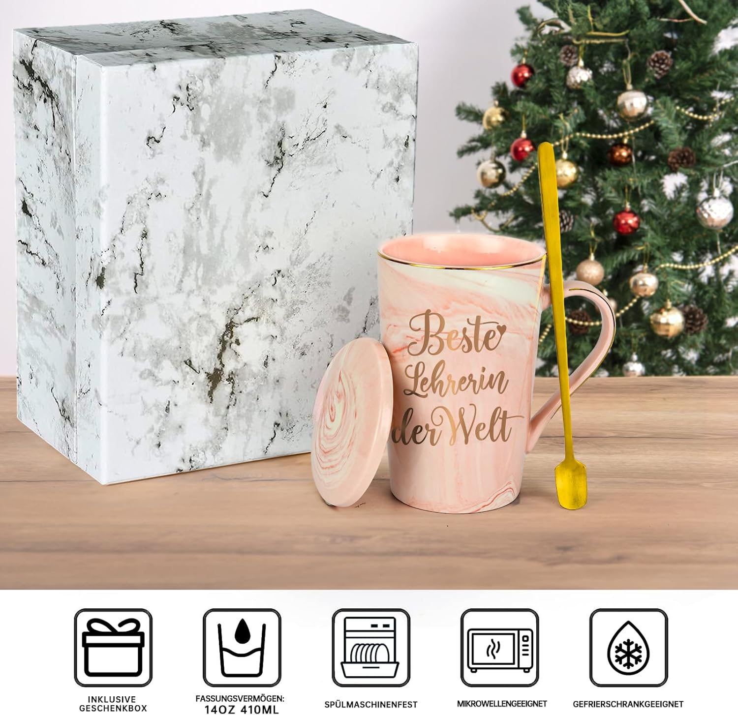 Detalle 2 de Diztoud Lehrerin Geschenk – Keramik-Kaffeetasse 400 ml in Rosa mit Deckel, Löffel und Geschenkbox