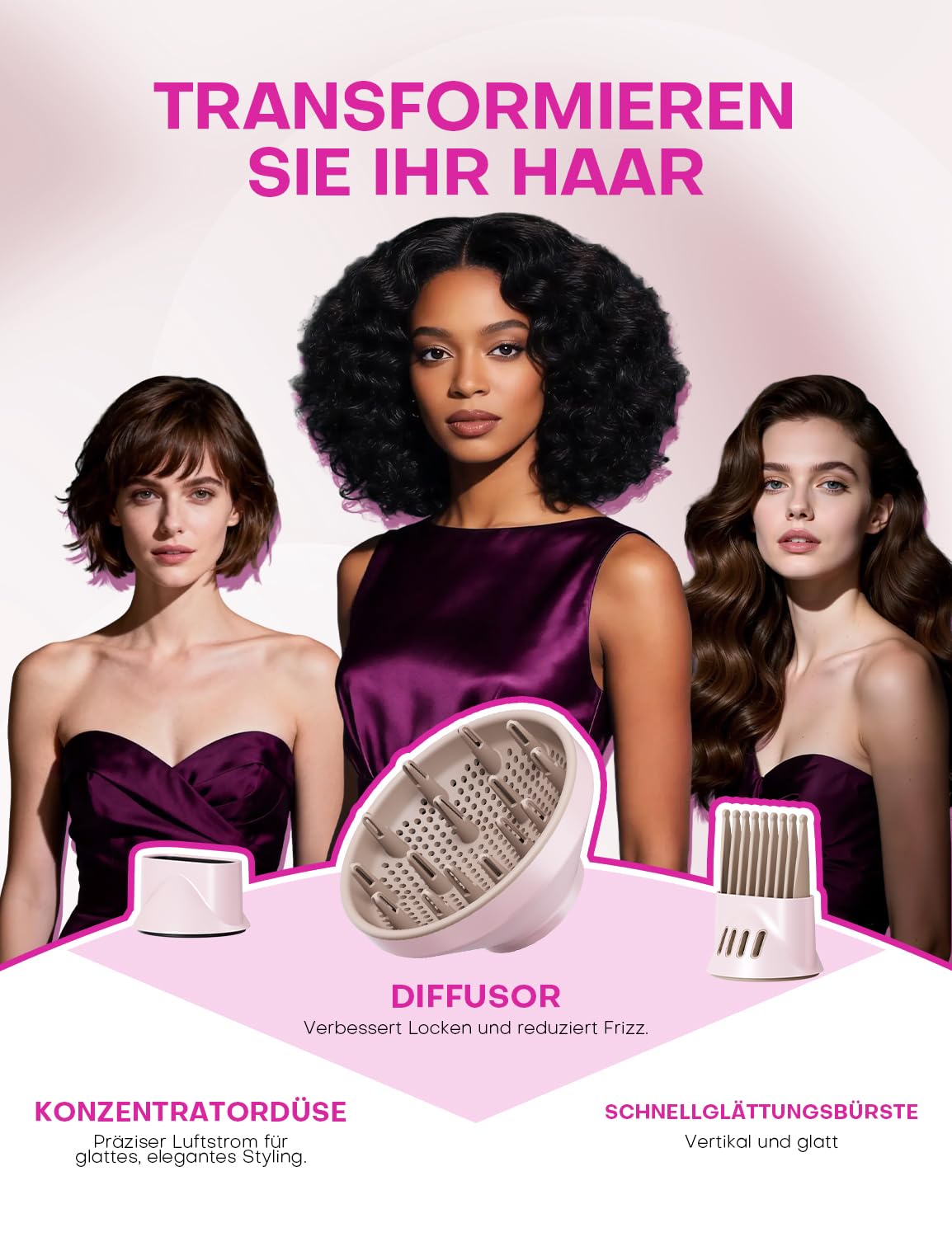 Detalle de Hochgeschwindigkeits-Ionen-Föhn mit Diffusor – 1600 W, 110.000 U/min, rosa