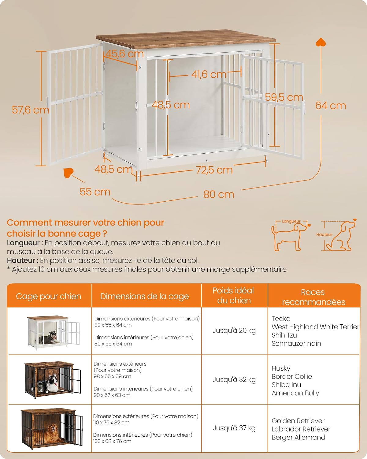 Thumbnail 6 de Feandrea Meuble Cage pour Chien – Table d’appoint 2 en 1, fond plein, 80x55x64 cm, pour chiens jusqu’à 20 kg