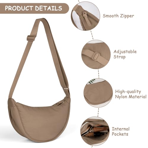 Detalle de Aucuu Bolso Bandolera para Mujer – Media Luna, Nylon, Caqui