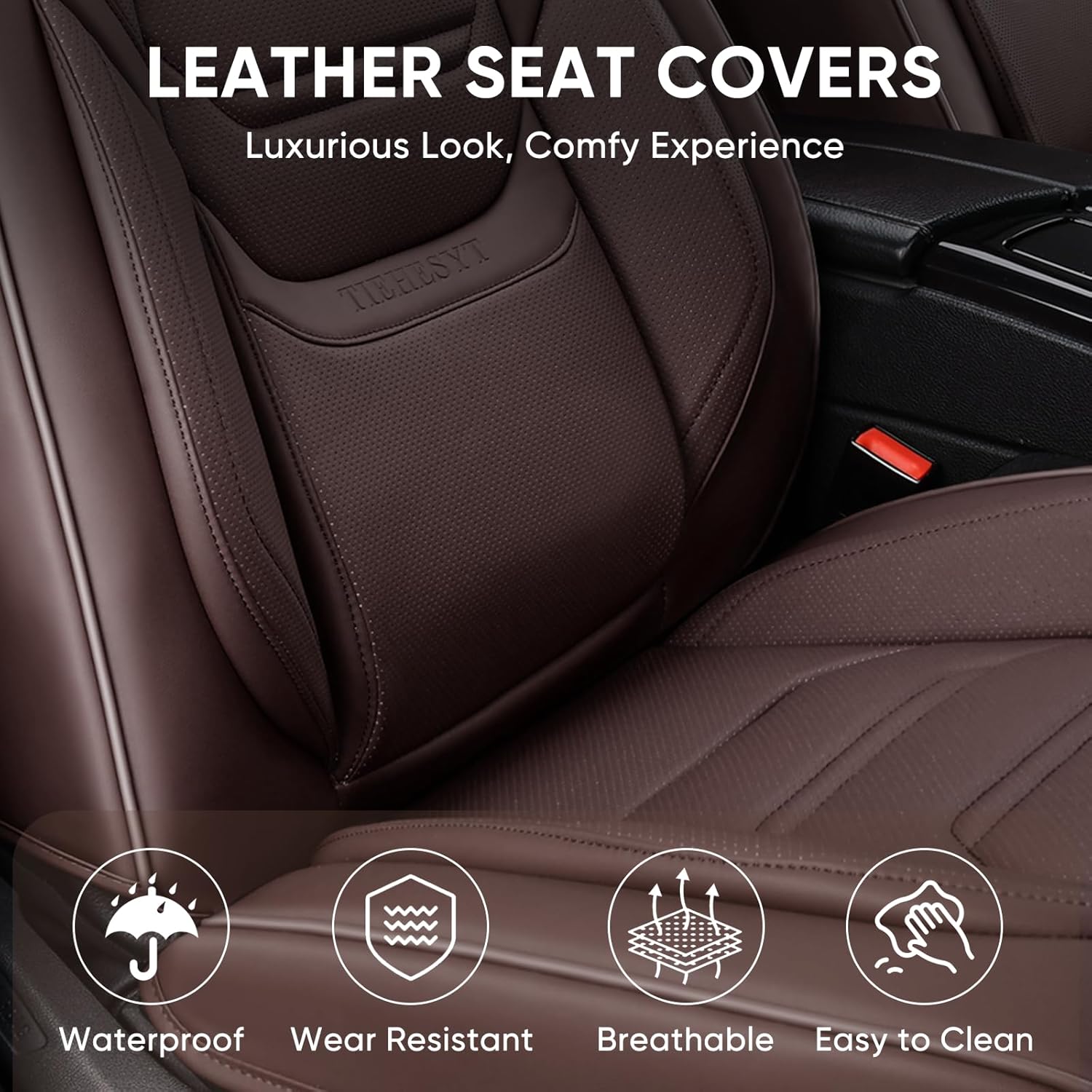 Thumbnail 5 de TIEHESYT Coffee Car Seat Covers Full Set: Breathable Nappa Leather, Front & Rear Coverage