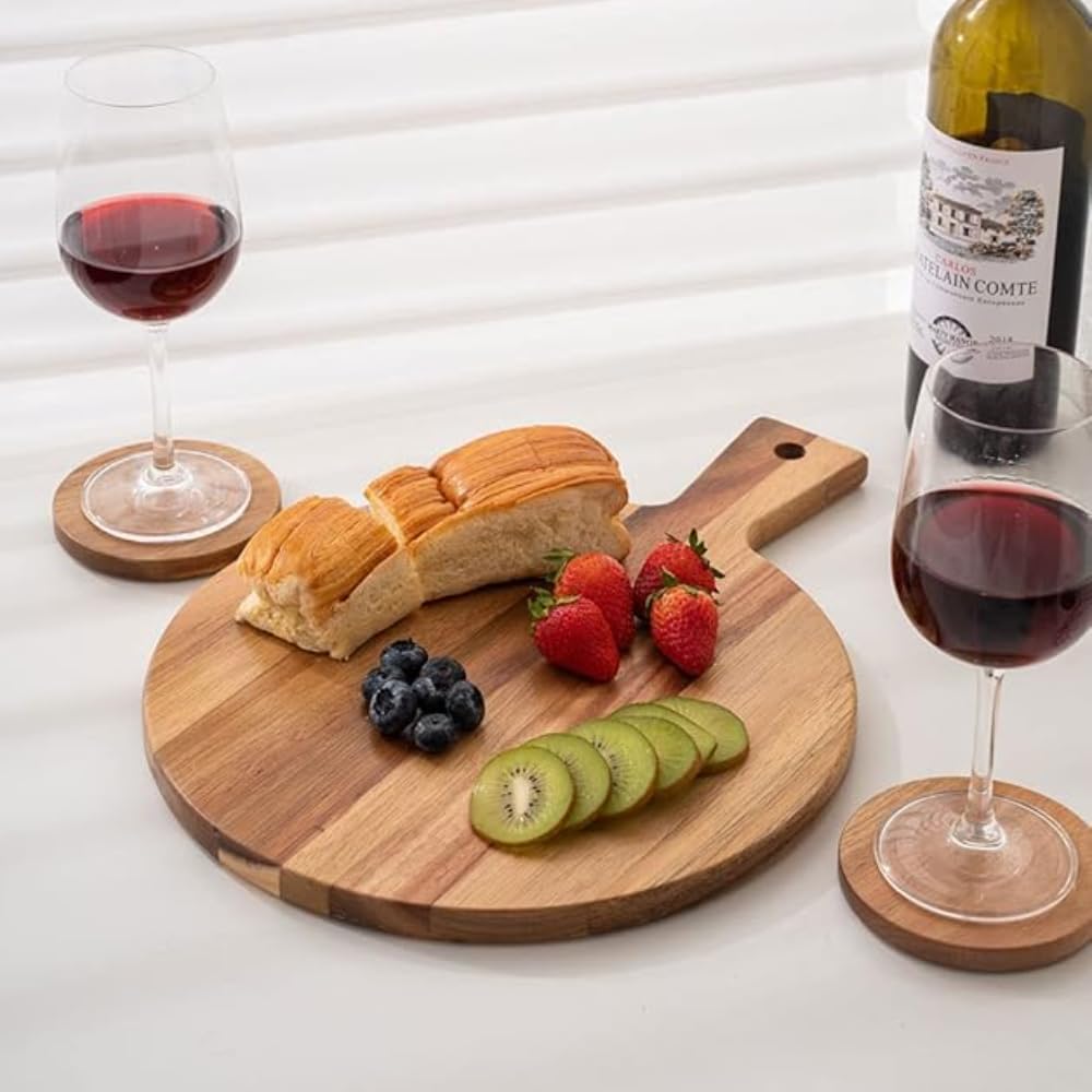 Detalle de WLWNWFT Acacia Wood Coasters Set of 6 with Holder (Black) – Round coasters with non-slip pads