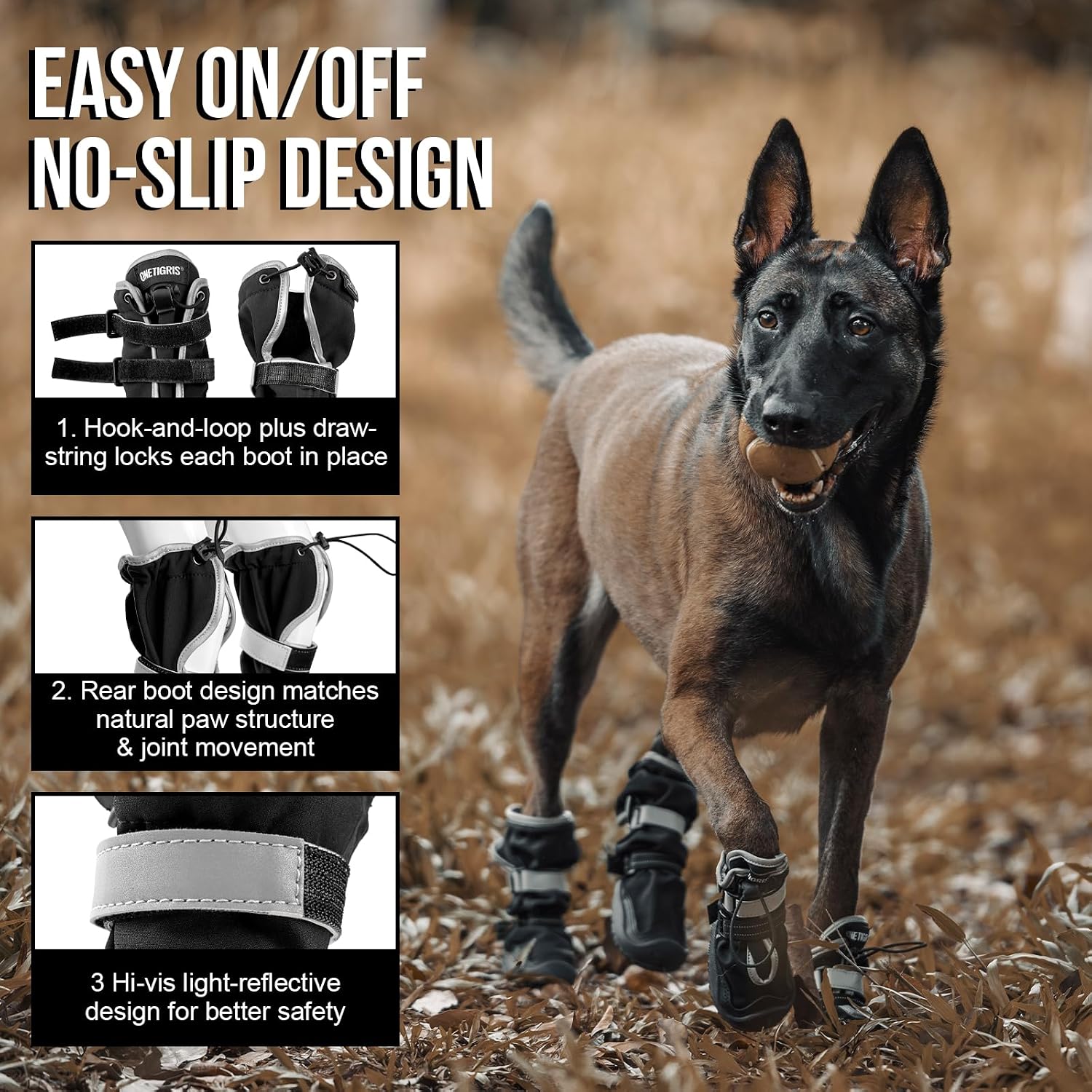 Detalle de OneTigris Dog Boots Paw Protector (Waterproof, Reflective, Non-Slip) – Black, Size #8