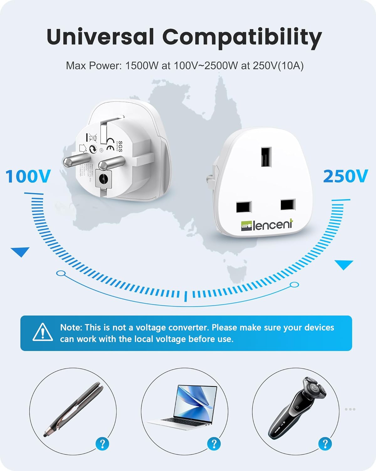 Thumbnail 5 de LENCENT 2X UK to EU Euro Plug Adapter (Type E/F, grounded) for travel