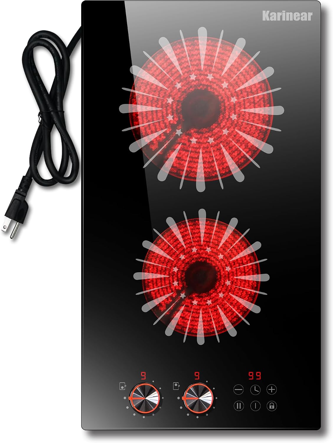 Detalle de Karinear 12-Inch 2-Burner Electric Cooktop, 110–120V Plug-In, Glass-Ceramic