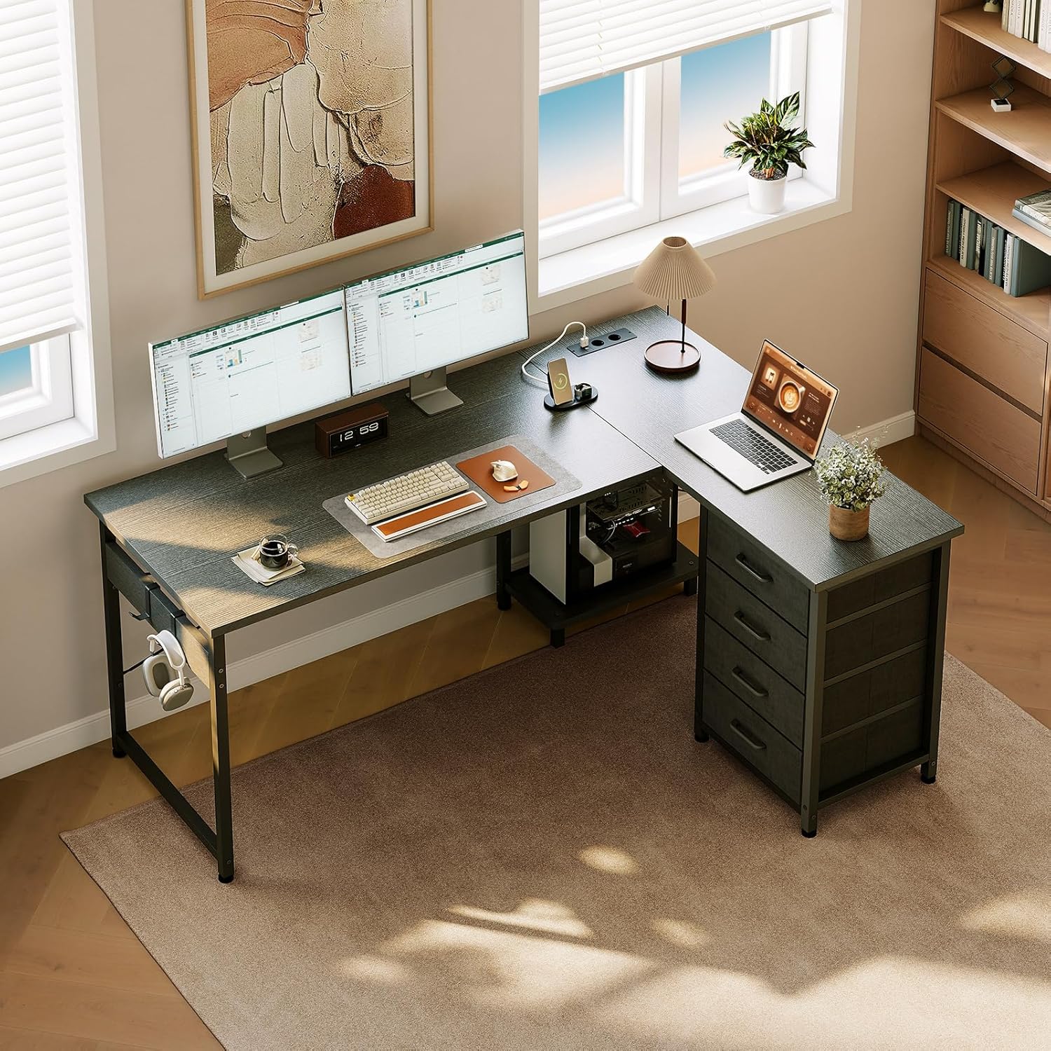 Detalle de ODK Eckschreibtisch mit 4 Schubladen – L-Form 135×100 cm, integrierte Steckdose & USB-Ladeanschluss, reversibel, Schwarz