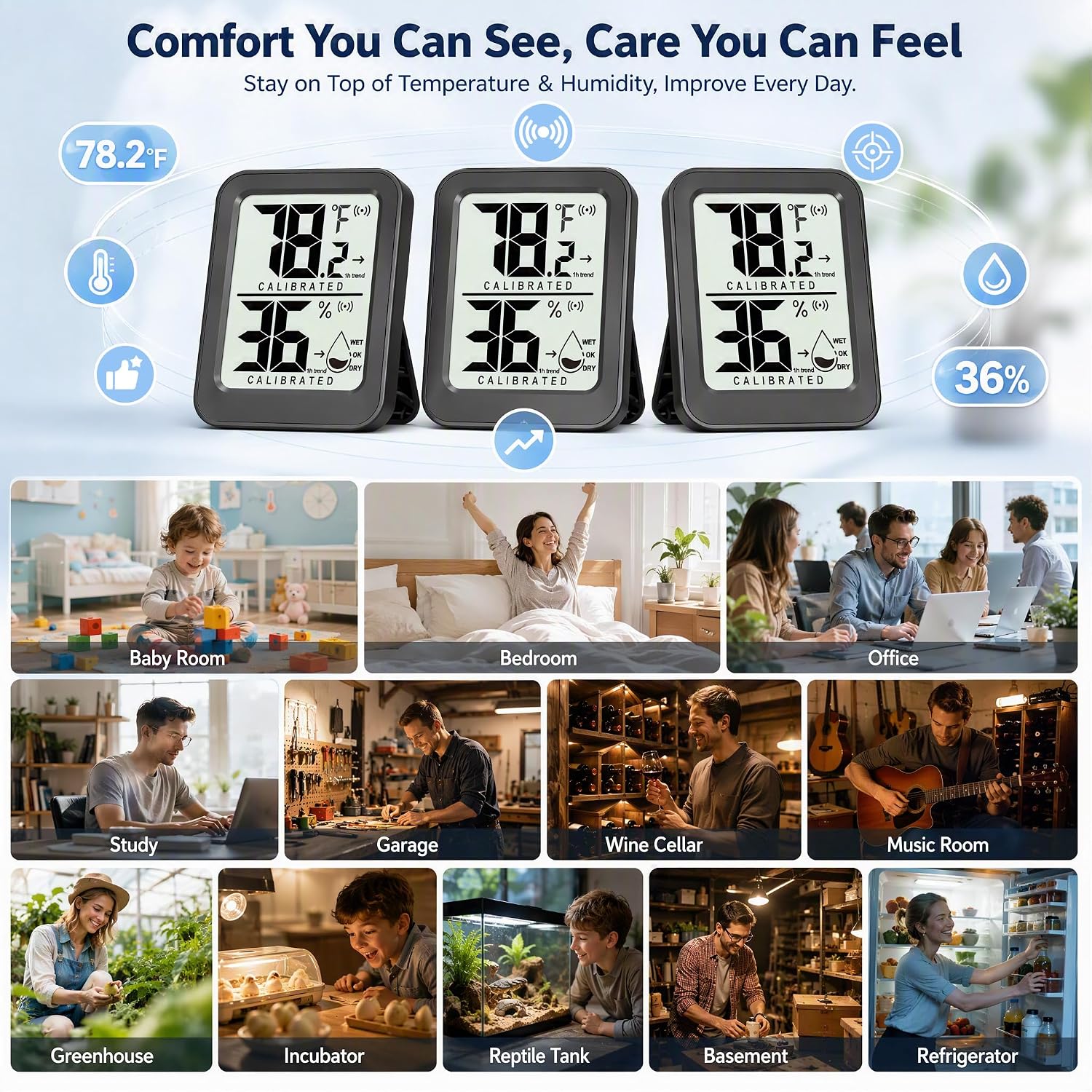 Detalle 2 de AyayaBoss 3-Pack Indoor Thermometer Hygrometer with Trend and Stand