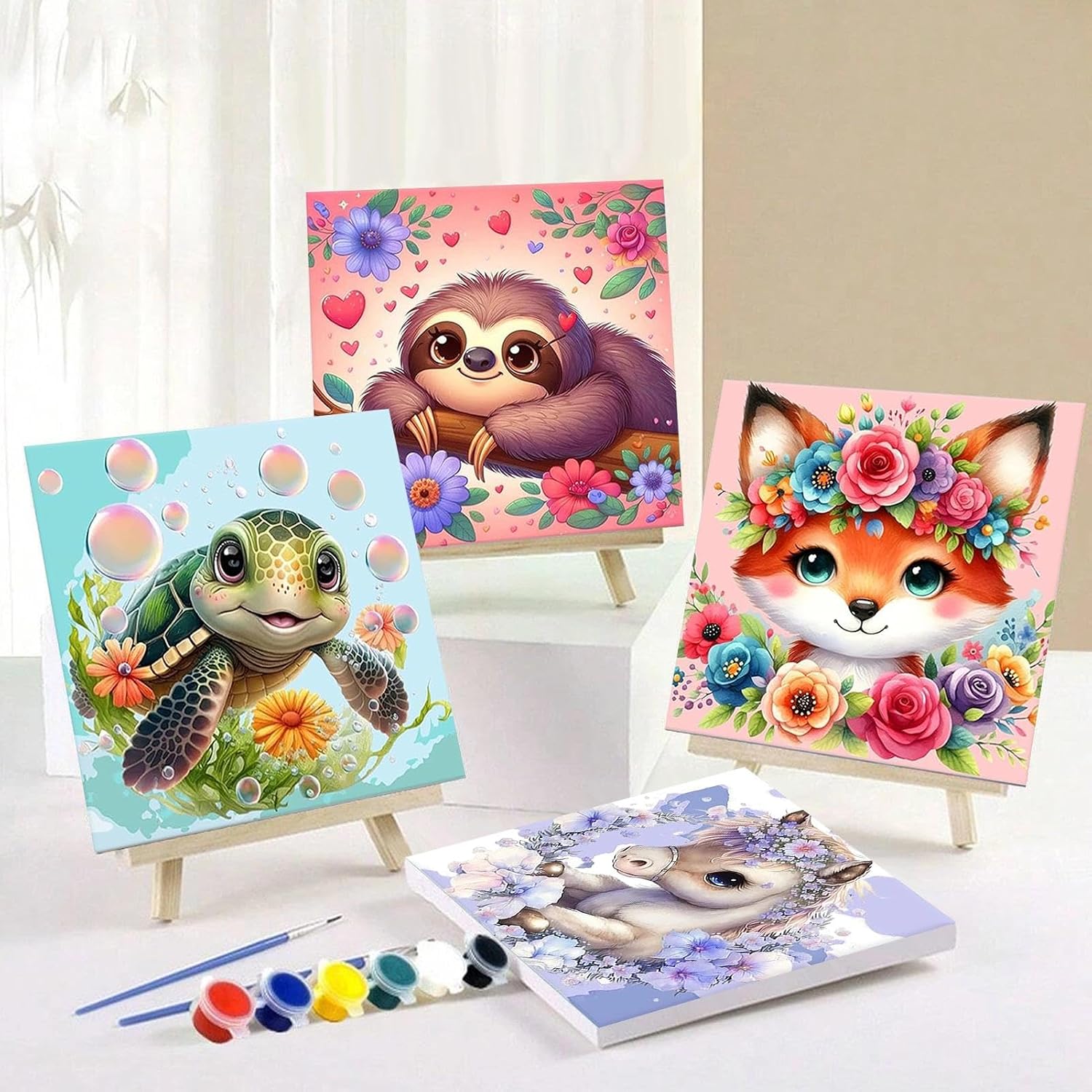 Detalle de YALKIN 4 Packs Paint by Numbers for Kids: Easy Animals Cartoon Painting Kits on Canvas