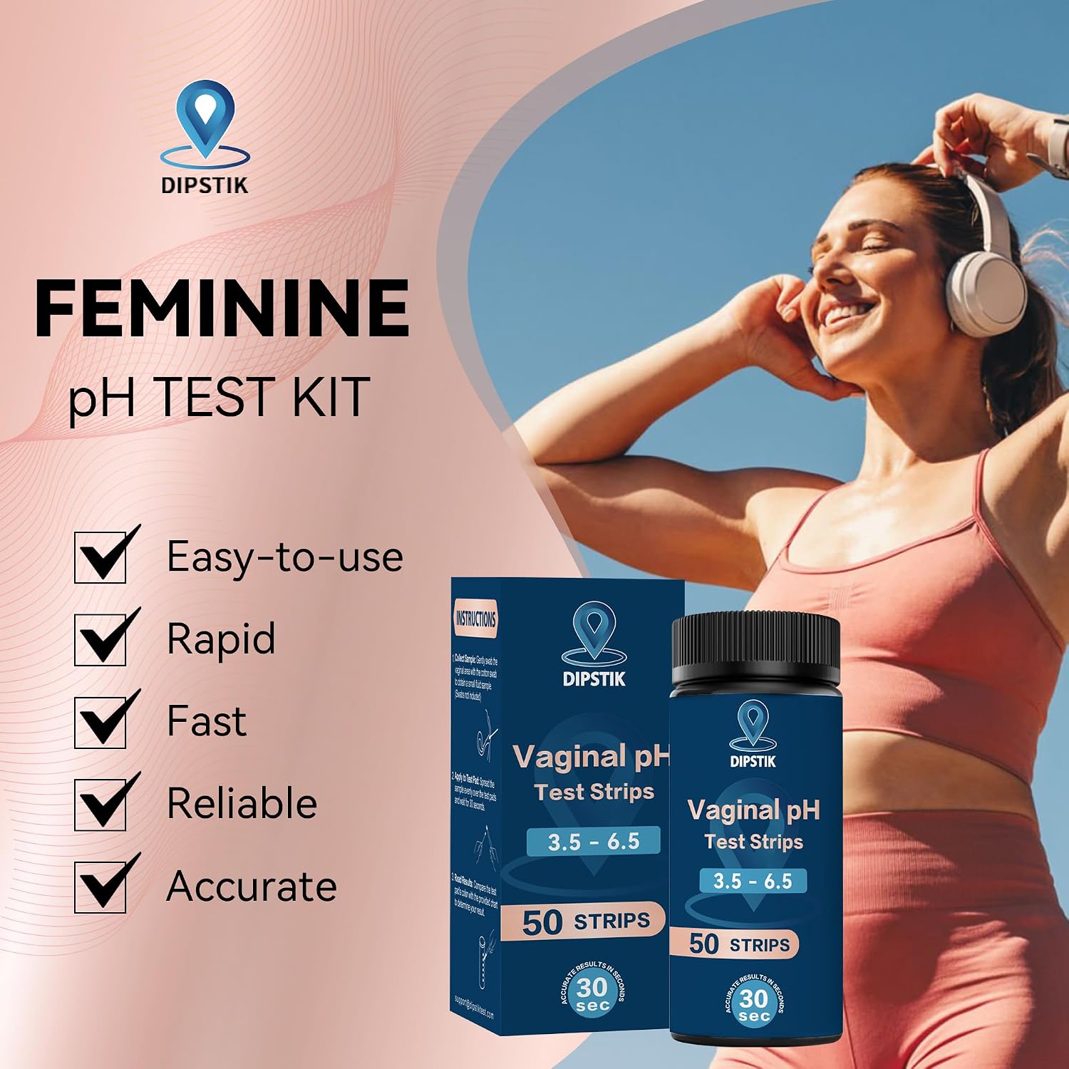 Detalle de DIPSTIK Vaginal pH Test Strips, 50-Strip Home Kit, 3.5–6.5 Range