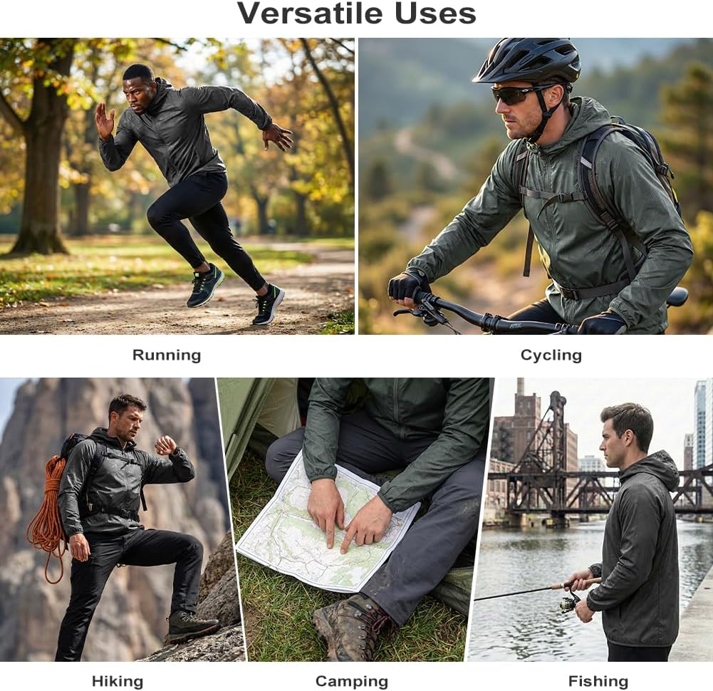 Detalle de BSBUY Regenjacke Faltbar Wasserdichte, Sonnenschutzmantel – Leichte Allwetter-Jacke für Outdoor, Grau, M-XL