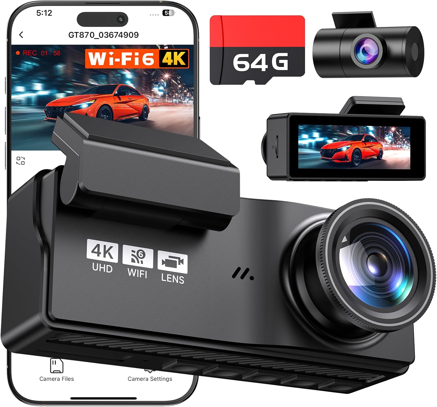 Detalle de Veement Dash Cam Front and Rear Camera – 4K+4K Dual Channel with Wi‑Fi6, 64GB SD Card, Night Vision and 24H Parking