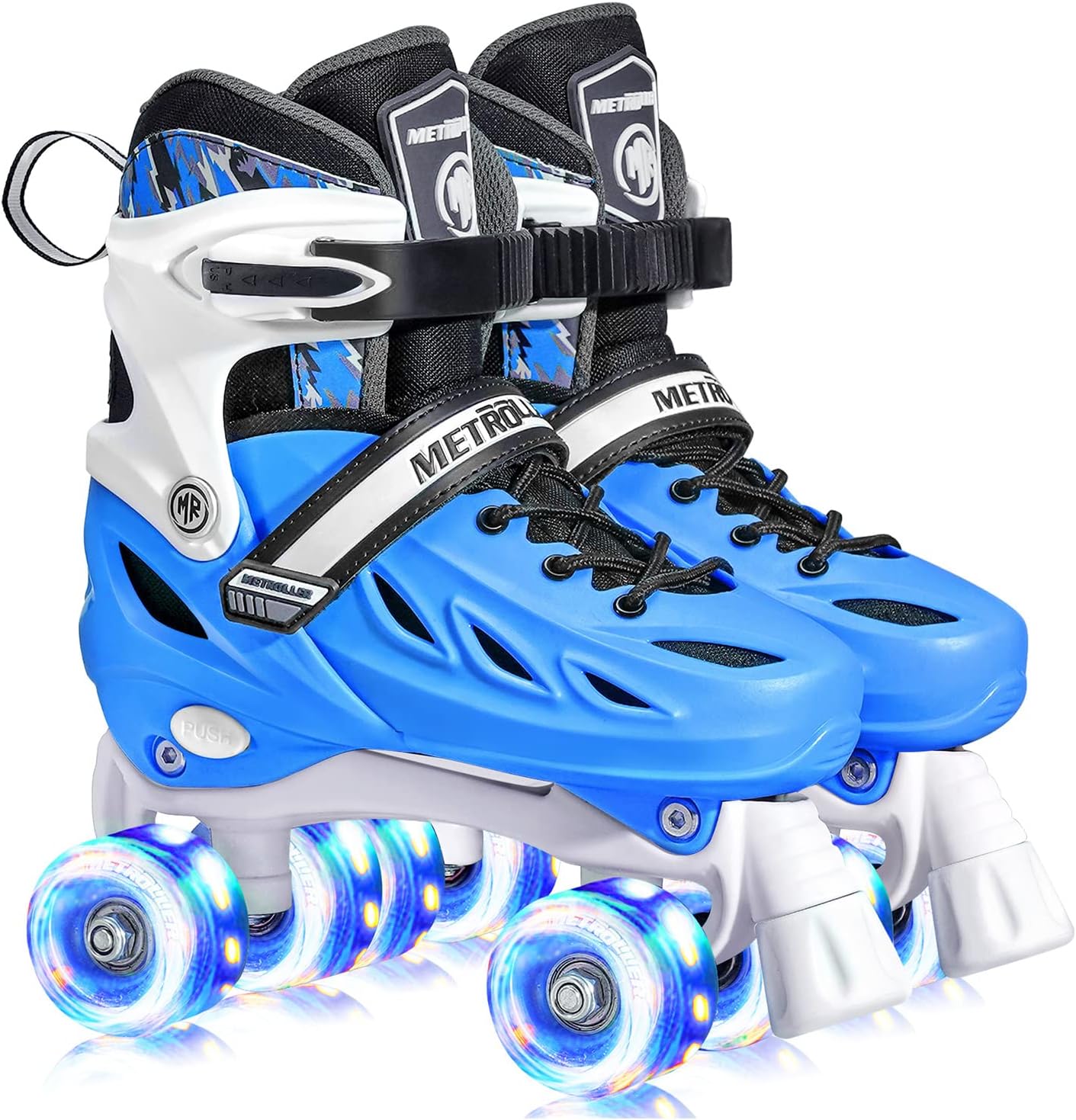 Detalle de METROLLER Adjustable Roller Skates with Light-Up Wheels, Blue Hard Shell