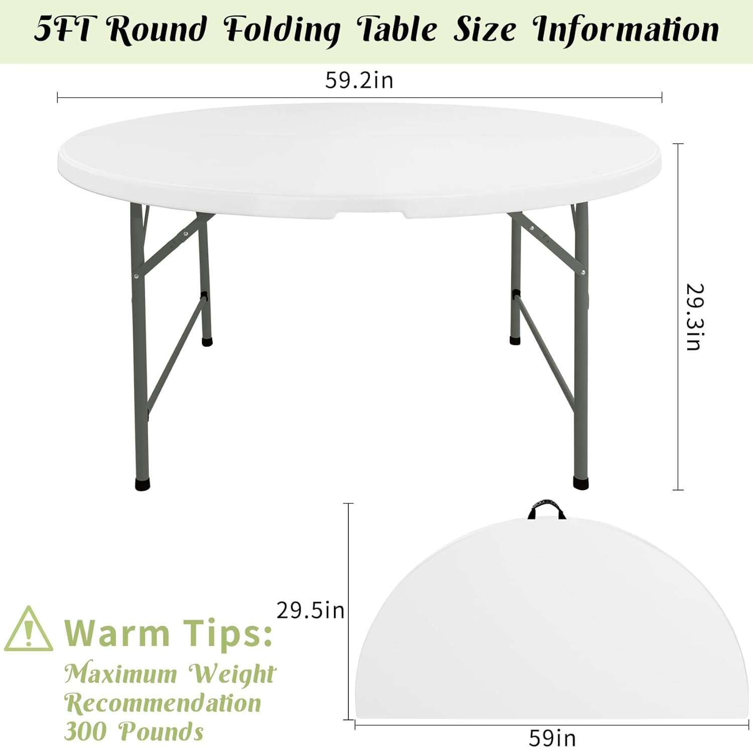 Detalle 2 de Fivenl YZDZ 5 FT Round Folding Table, White HDPE Top with Carrying Handle