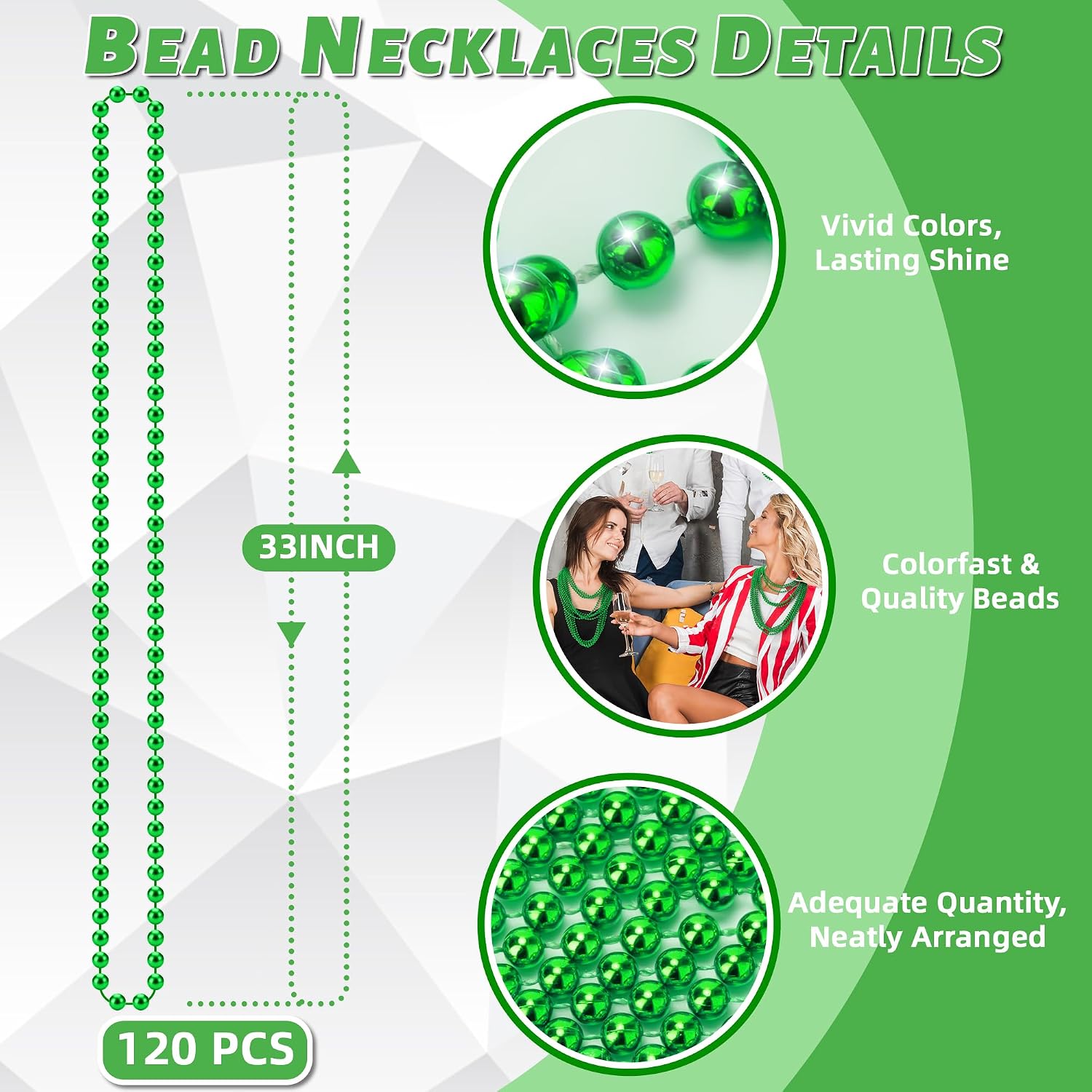 Detalle de YAXINRUI 120-Pack St. Patrick’s Day Green Bead Necklaces (33 in) for Mardi Gras Parties & Favors