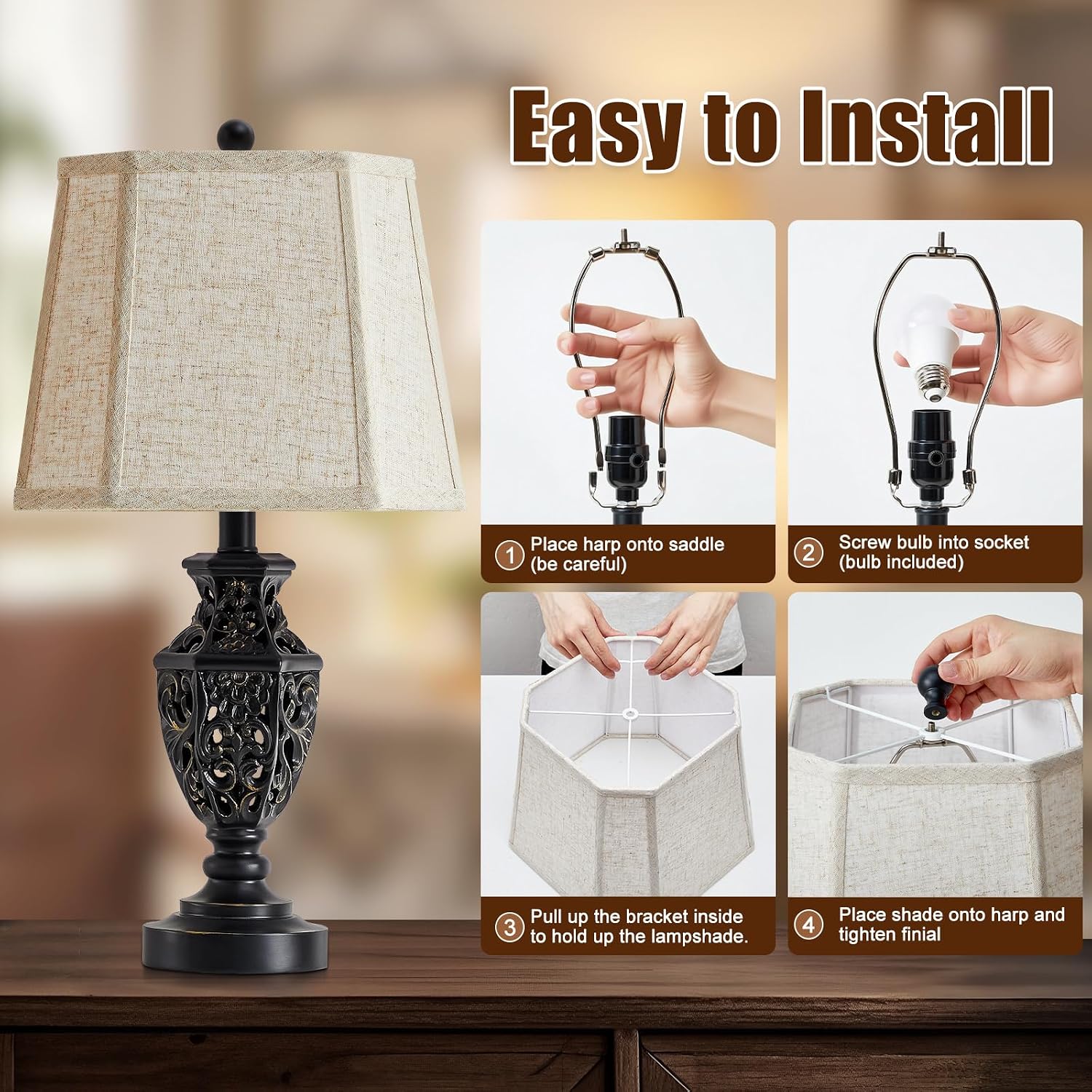 Thumbnail 6 de EJIAXIN 23.5" Bedside Lamp Set with USB C+A
