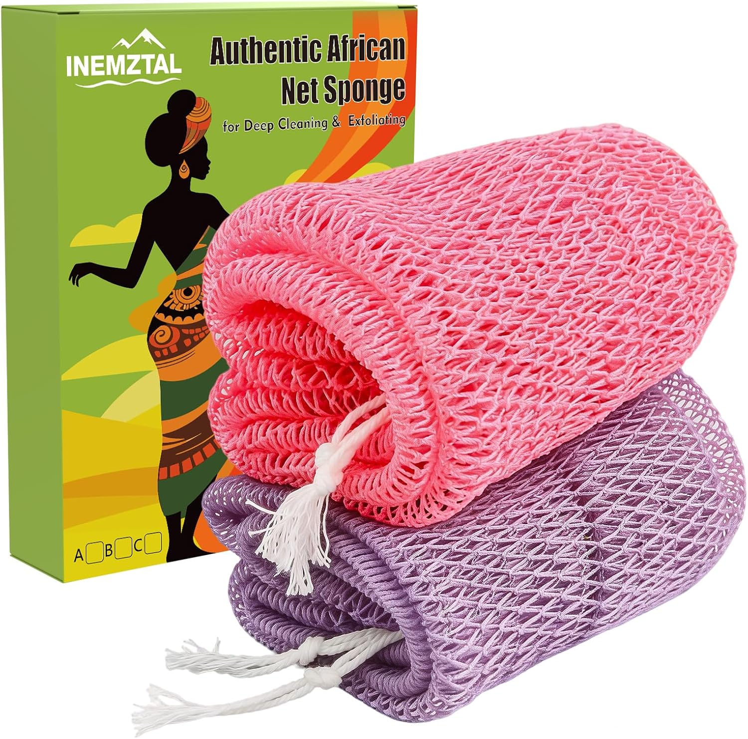 Detalle de InemzTal African Net Sponge set of 2 with gift box, nylon exfoliating mesh